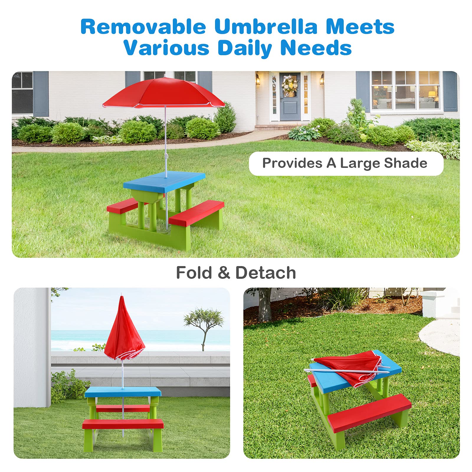 ARMILE Kids Picnic Table with Removable Umbrella - Foldable Indoor/Outdoor Plastic Table & Bench Set for Toddlers - Portable Play Table for Backyard, Patio, Park, Beach - Perfect Gift for Boys & Girls (Red)