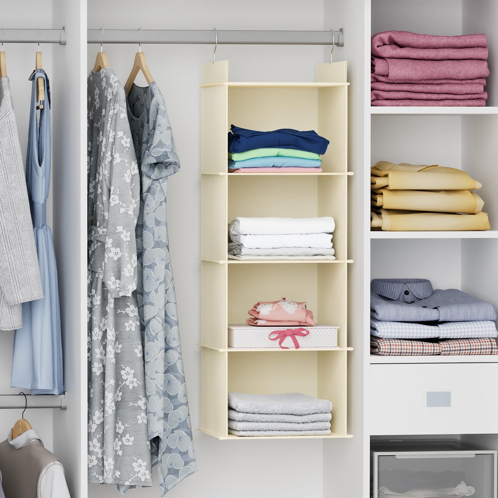 4-Shelf Hanging Closet Organizer - Space Saving Storage for Clothes, Shoes & Accessories - Beige Fabric Shelves for Bedroom, Dorm & Small Spaces