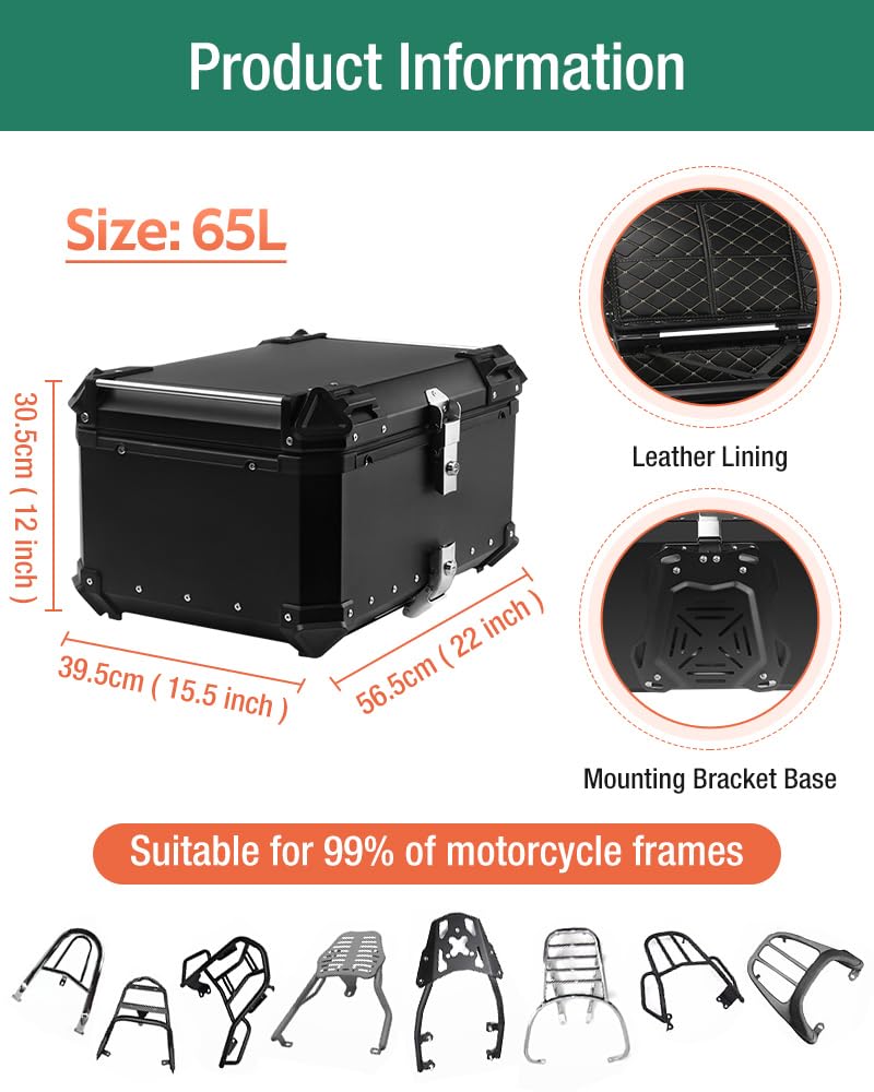 65L Aluminum Motorcycle Top Case - Waterproof, Rustproof & Dustproof Motorcycle Trunk with Anti-Theft Lock System & Universal Bracket - Easy Installation for Secure Storage - Perfect for Commuting, Touring & Adventure Riding (Black)