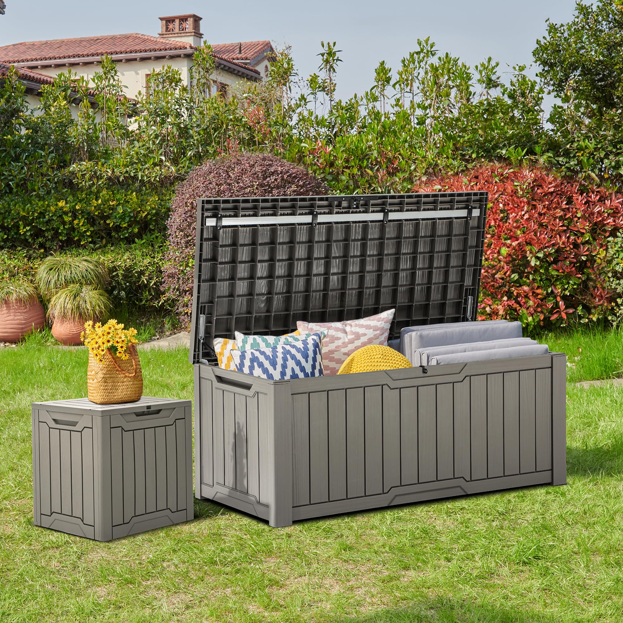 YITAHOME 120 Gallon Outdoor Storage Deck Box - Large Waterproof Resin Patio Storage for Pillows, Garden Tools, Pool Supplies - Lockable Deck Box for Backyard, Patio, and Poolside (Light Brown) - Perfect for Organizing Outdoor Cushions, Toys, and Equipment