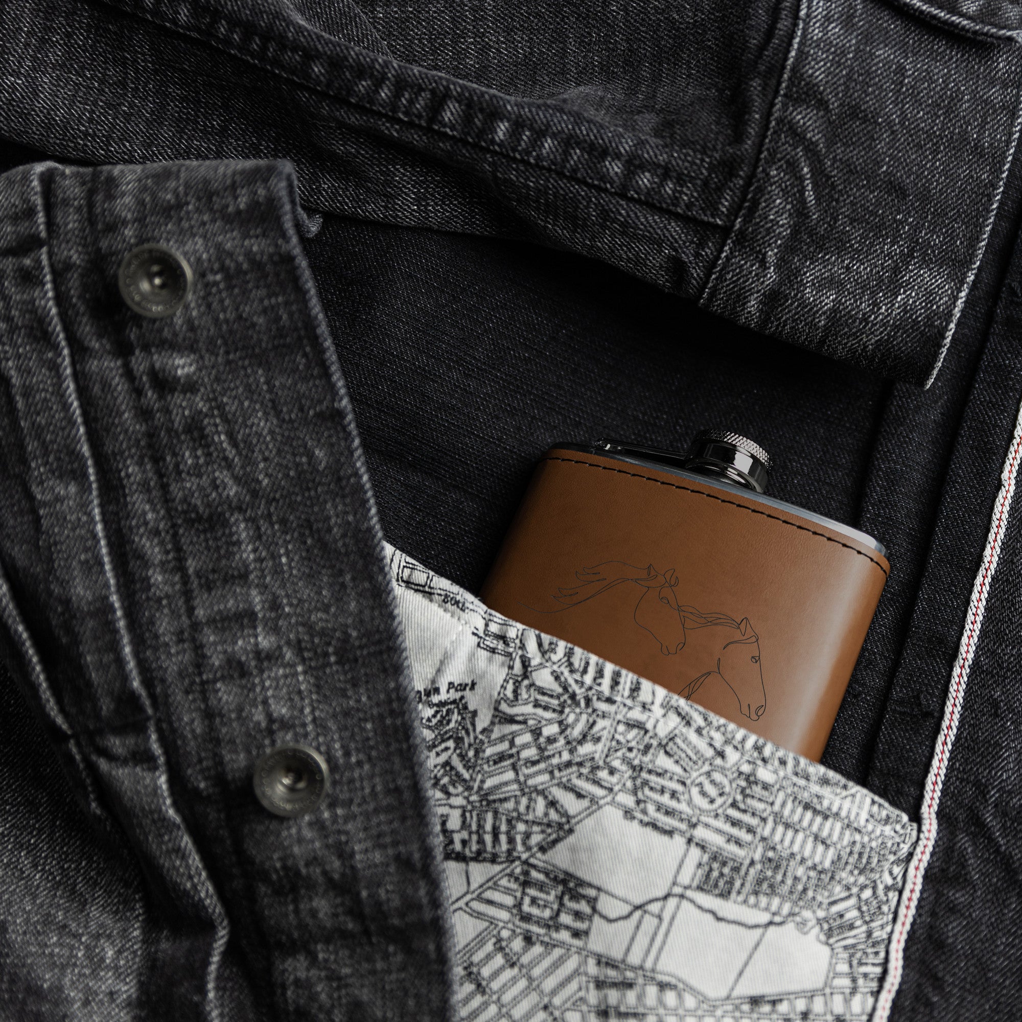 Premium Leather Hip Flask with Engraved Running Horses Design - Stainless Steel Metal Flask for Whiskey, Bourbon & Liquor - Perfect for Outdoor Adventures, Camping & Gifting