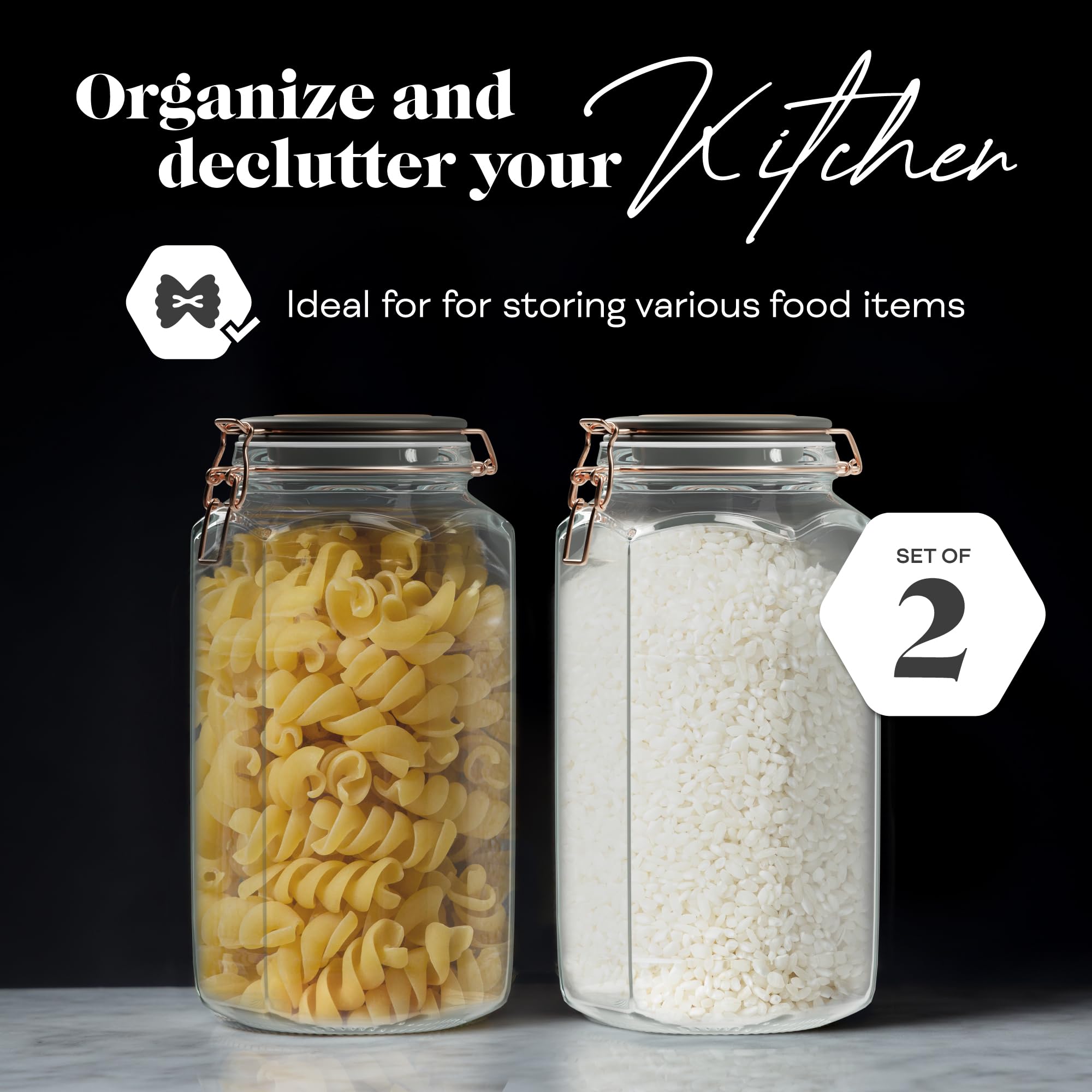 Amici Home Adler Airtight Glass Food Storage Canisters - Set of 2 (42oz) | Hermetic Seal for Coffee Beans, Flour, Sugar & Dry Goods | Perfect for Kitchen Pantry Organization & Cookie Storage | Ideal for Baking, Meal Prep & Home Organization