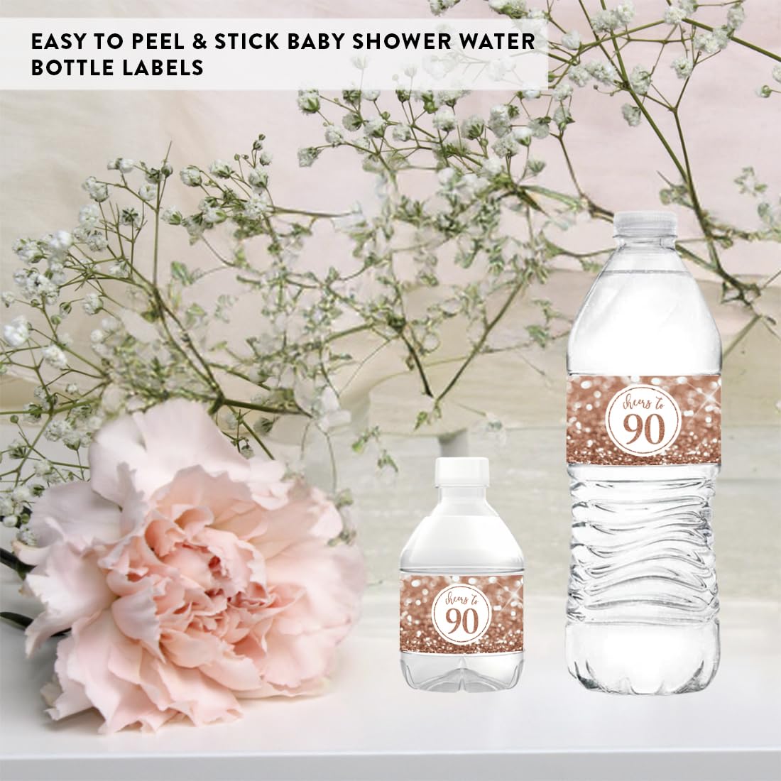 Glitzy Faux Glitter Rose Gold Water Bottle Labels Stickers - 20-Pack for 90th Birthday Party Decorations, Anniversary Celebrations & Women's Birthday Favors | Perfect for Water Bottle Decor, Party Supplies & Special Event Favors