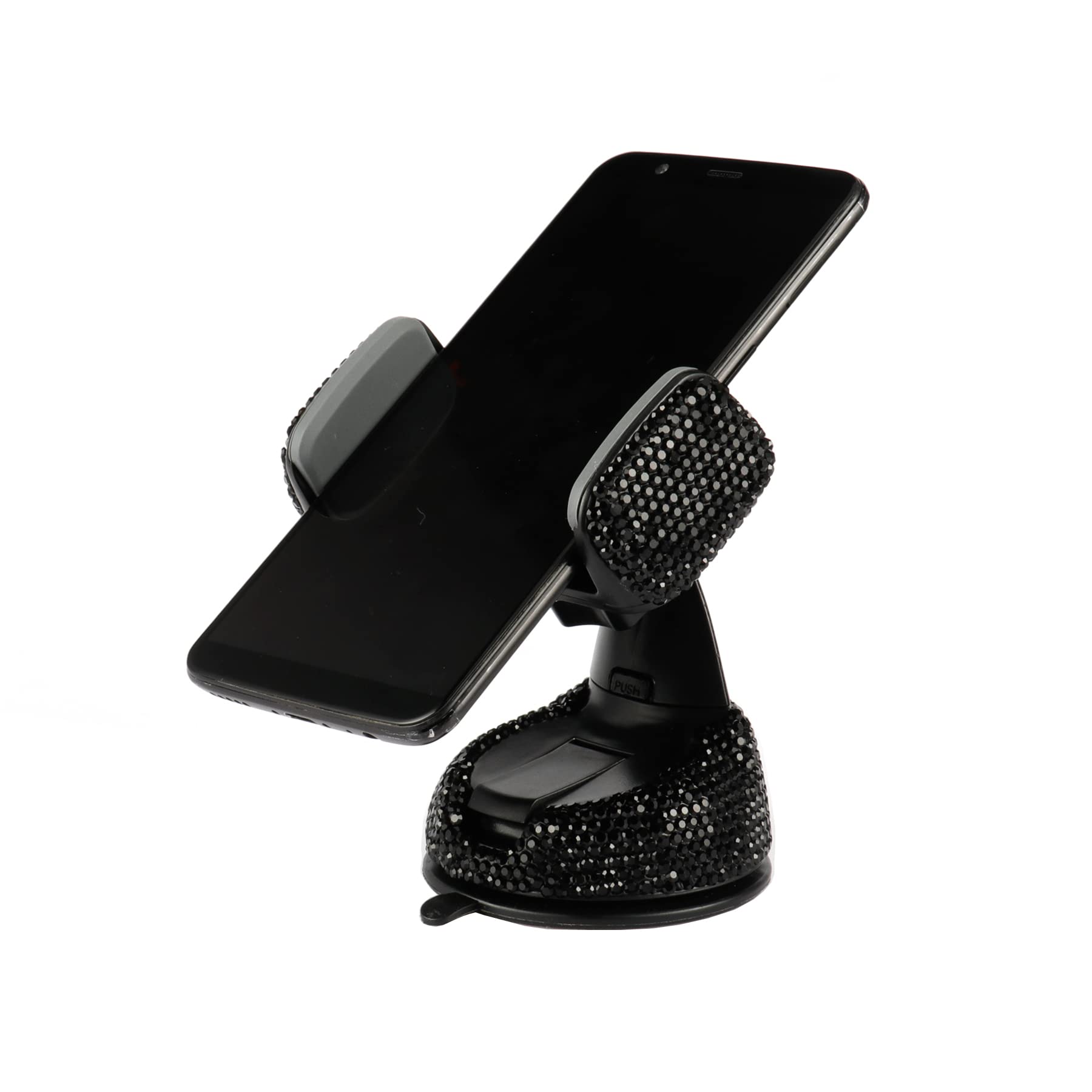 Amiss Universal Bling Car Phone Holder - 360° Adjustable Phone Mount with Extra Air Vent Base - Crystal Car Accessory for Windshield, Dashboard & Air Vent (Black) | Perfect for Safe Driving & Stylish Car Interior Decoration