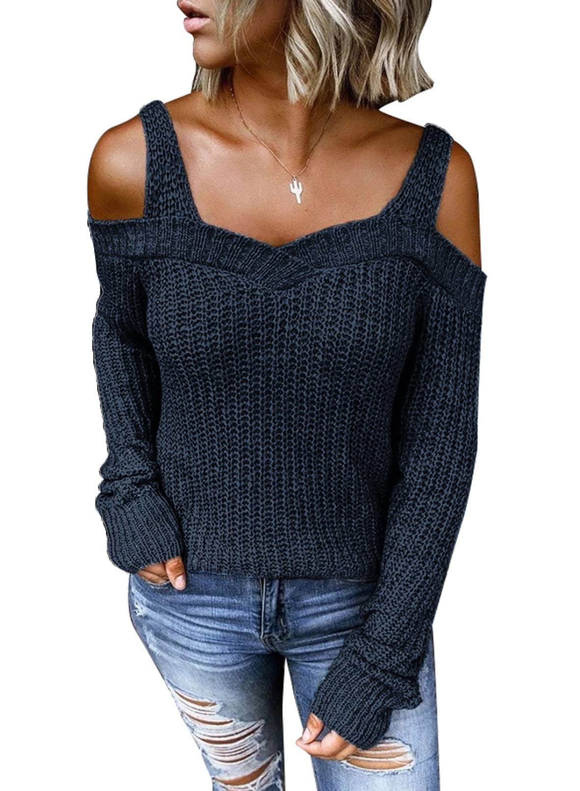 EVALESS Women's Waffle Knit Long Sleeve Cold Shoulder Sweater - Cute Plain Pullover Top for Fall & Winter | Casual Outfit, Date Night, Office Wear