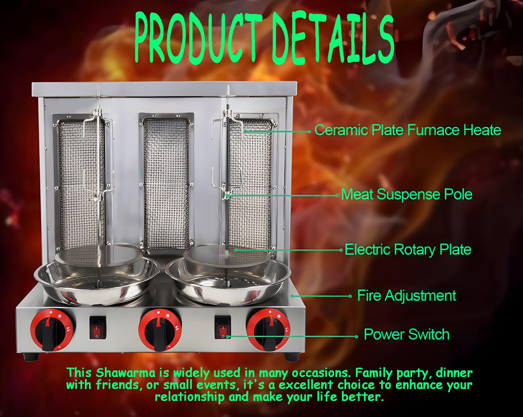 Commercial Vertical Rotating Doner Kebab Grill Machine - 3 Burner LP Gas Shawarma Broiler for Gyro, Chicken & Meat - Perfect for Restaurants, Food Trucks & Outdoor Parties