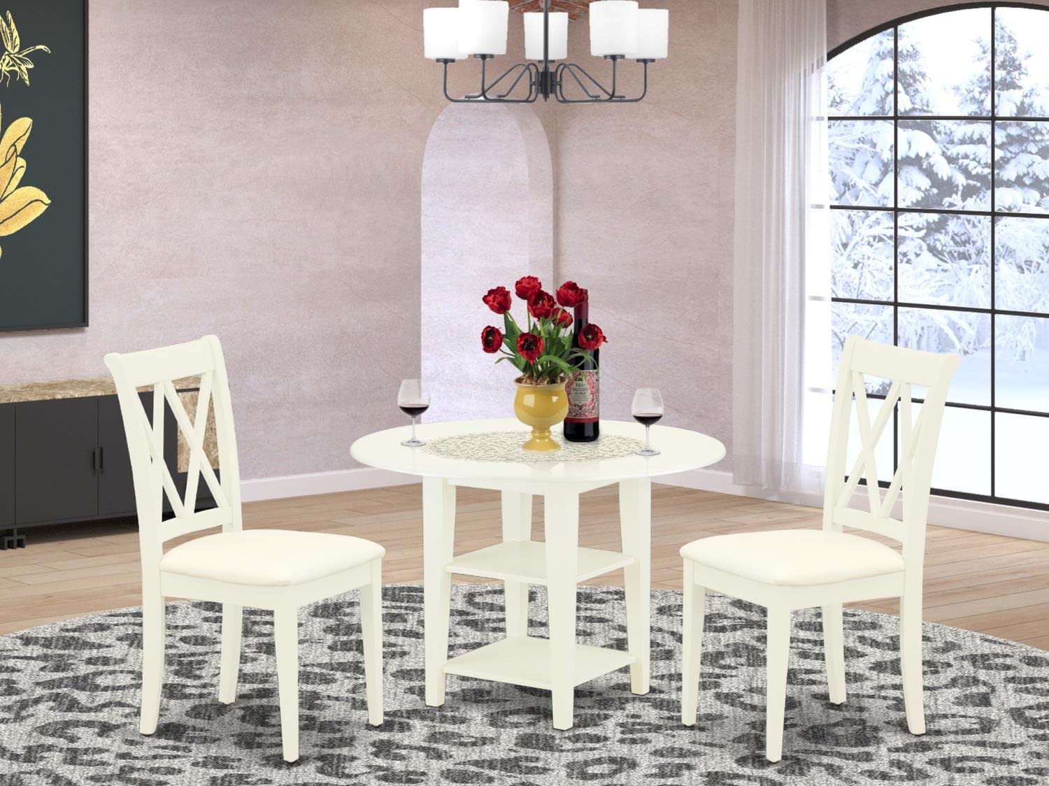East West Furniture SUCL3-LWH-C 3-Piece Round Dining Table Set with Drop Leaf & Storage Shelves - 42x42 Inch Linen White - Includes 2 Upholstered Fabric Chairs - Perfect for Small Spaces, Apartments & Breakfast Nooks