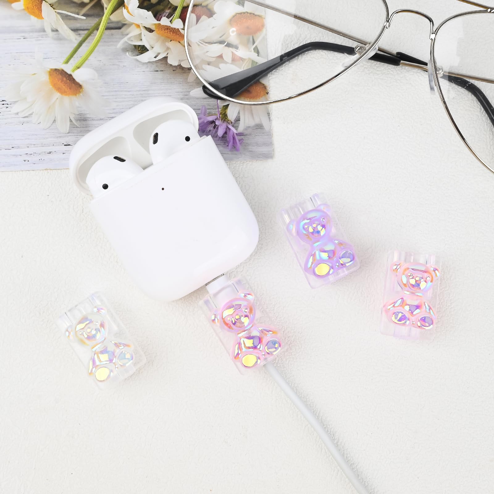 DiyGody 4-Pack 3D Cartoon Bear Cable Protector for iPhone & Android - Cute Shiny Bear Design, Universal Fit for USB-C & Lightning Cables - Perfect for Home, Office & Travel Accessories