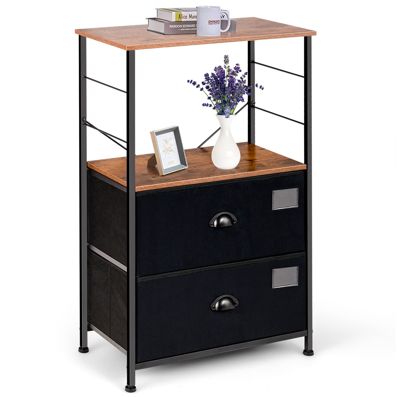 Tangkula 2-Drawer Storage Dresser with Open Shelf - Freestanding Vertical Cabinet with Fabric Drawers, Labels & Anti-Tip Device - Industrial Style Dresser Tower for Bedroom, Closet, Nursery or Dorm Organization