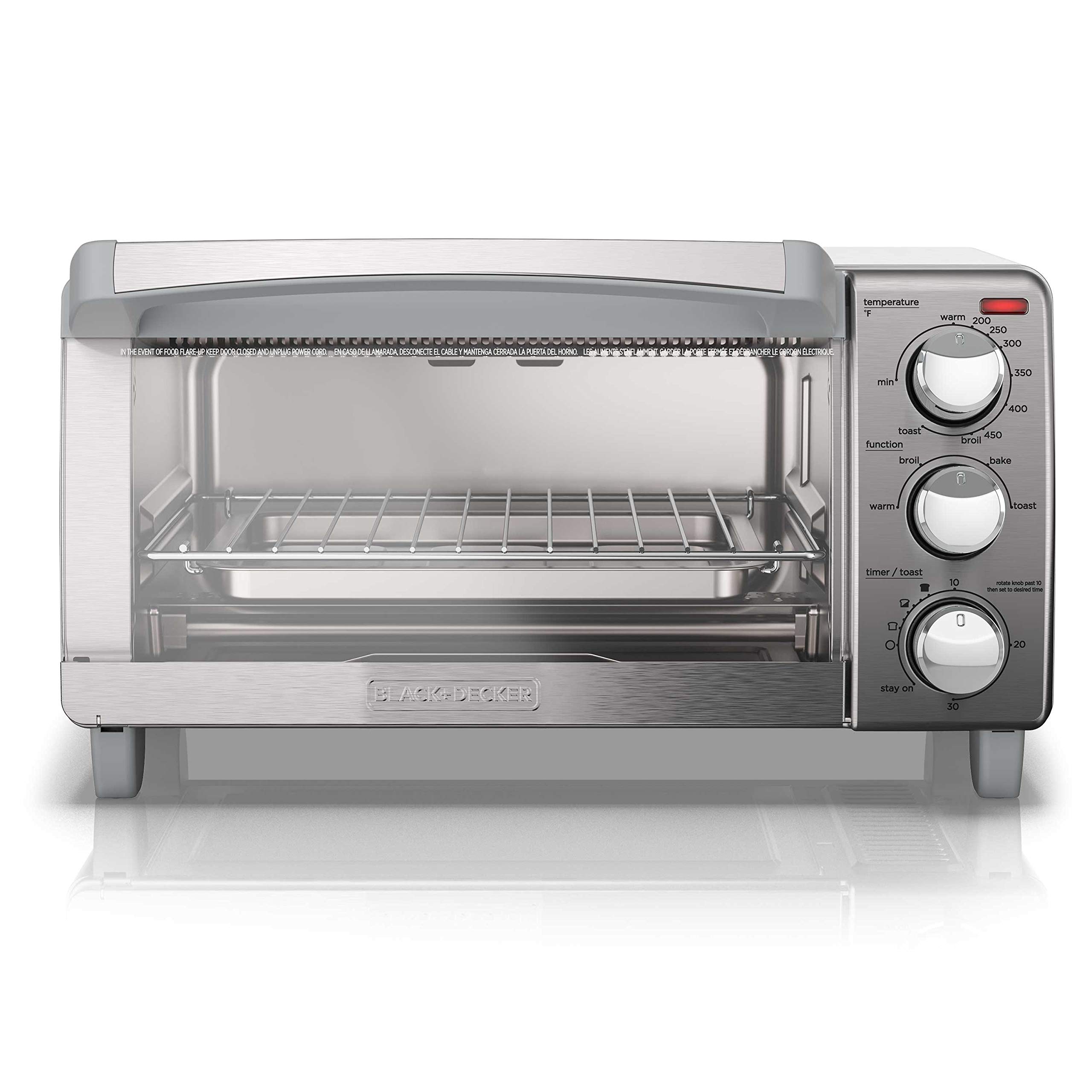 BLACK+DECKER 4-Slice Toaster Oven with Even Toast Technology - Bake, Broil, Toast & Keep Warm Functions - Removable Crumb Tray & Timer - Perfect for Breakfast, Snacks & Small Meals (Model TO1745SSG-1A)