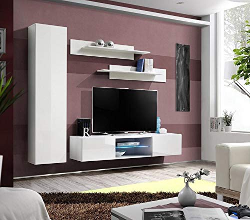 Modern White Wall-Mounted TV Stand with Storage Shelves & LED Lights - 33