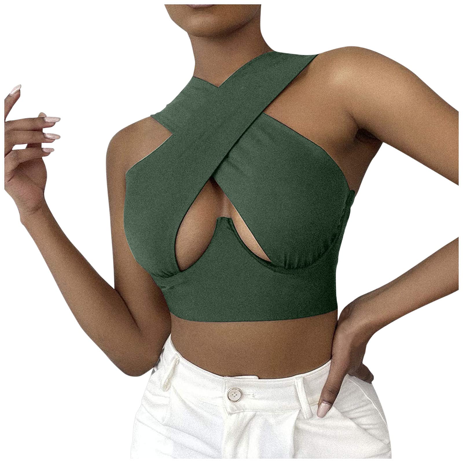 Women's Plus Size Crisscross Cut Out Halter Wrap Crop Top - Casual Summer Solid Cami Tank Tops for Women - Perfect for Beach, Vacation, and Everyday Wear