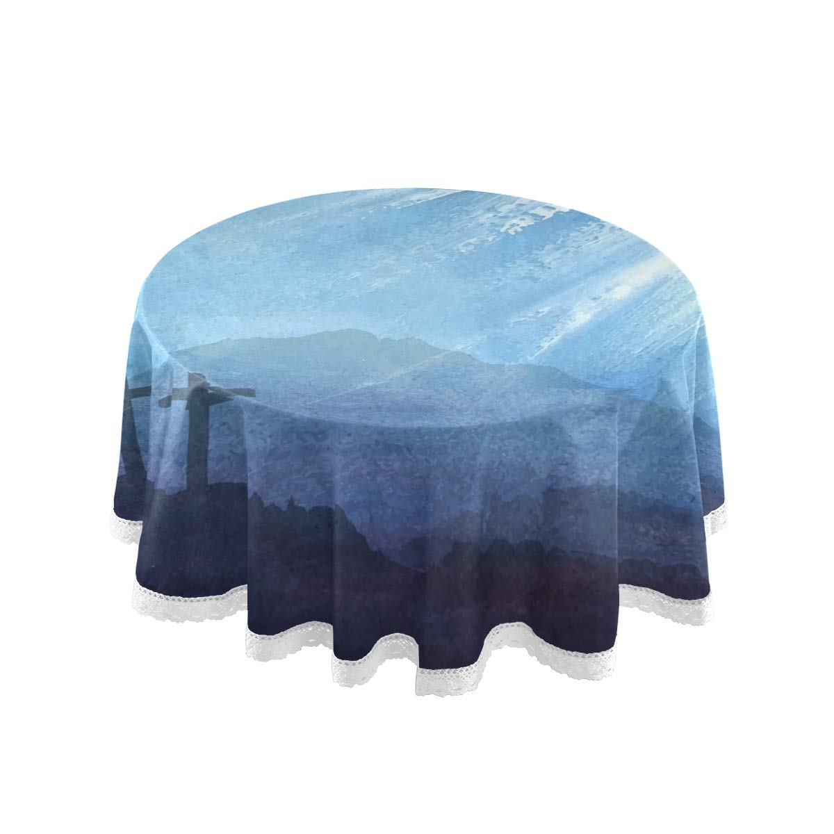 He is Risen Easter Round Tablecloth - 60 Inch White Lace Polyester Table Cover for Party Decorations, Holiday Dinner Table Setting, Church Events & Spring Celebrations