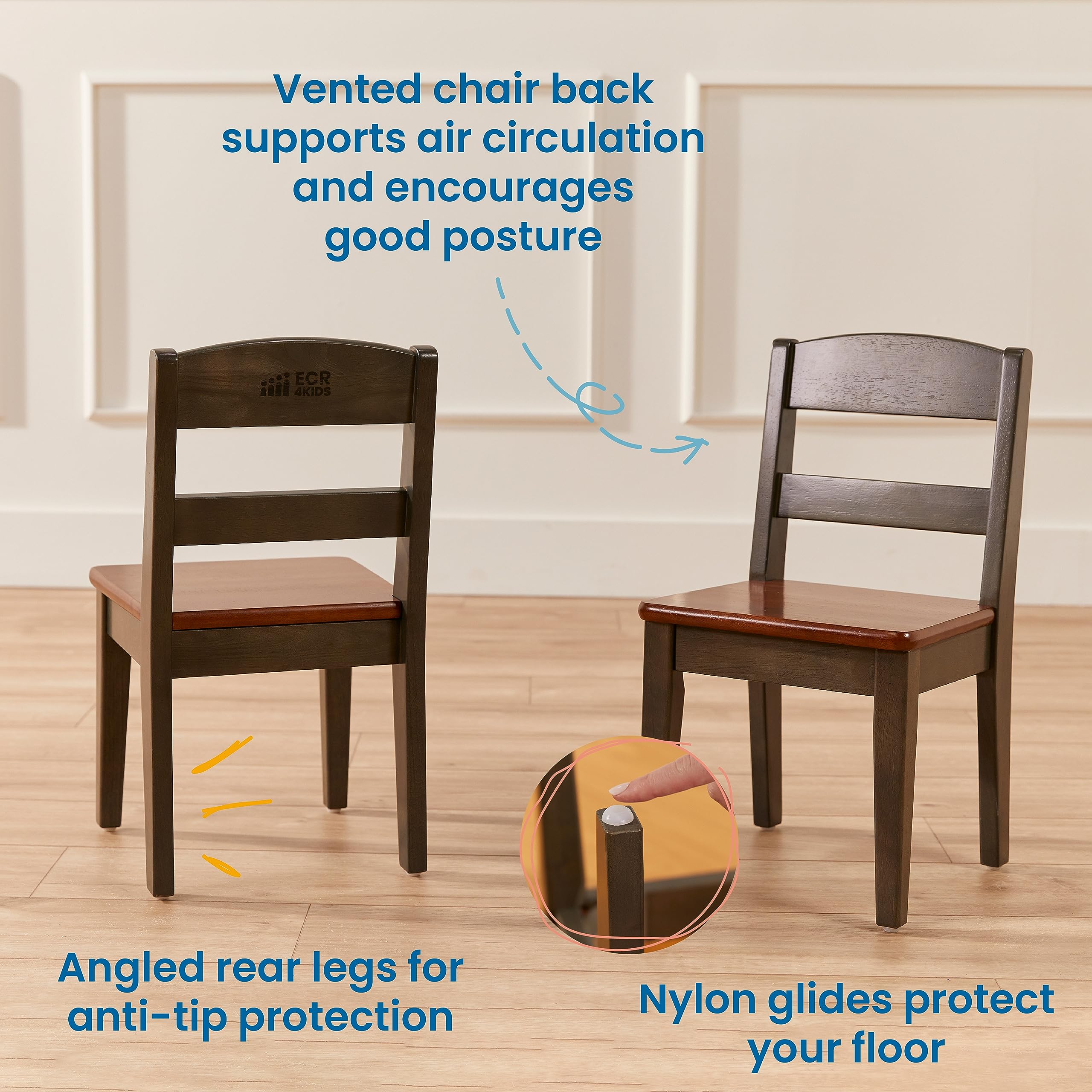 ECR4Kids Hideaway Table and Chair Set - 3-Piece Kids Furniture for Playroom, Classroom or Home - Dark Walnut & Grey Wash Wooden Study Desk with Foldable Chairs