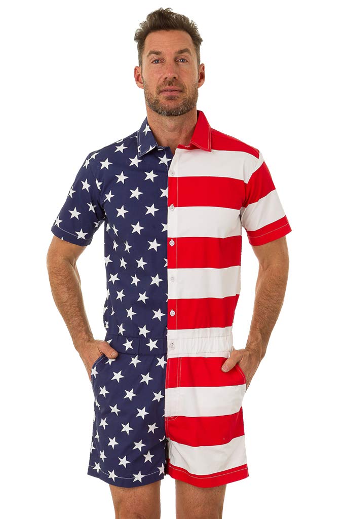 UZZI Men's American Flag Romper - Short Sleeve One Piece Jumpsuit | Patriotic Casual Overalls for Summer BBQ, Beach Party & 4th of July Celebrations