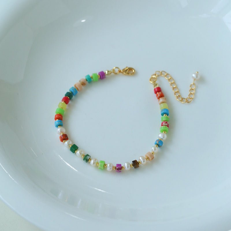 Dopamine Colored Natural Stone & Pearl Beaded Bracelet for Women - Handmade Boho Chic Jewelry for Layering, Gift Giving & Everyday Wear
