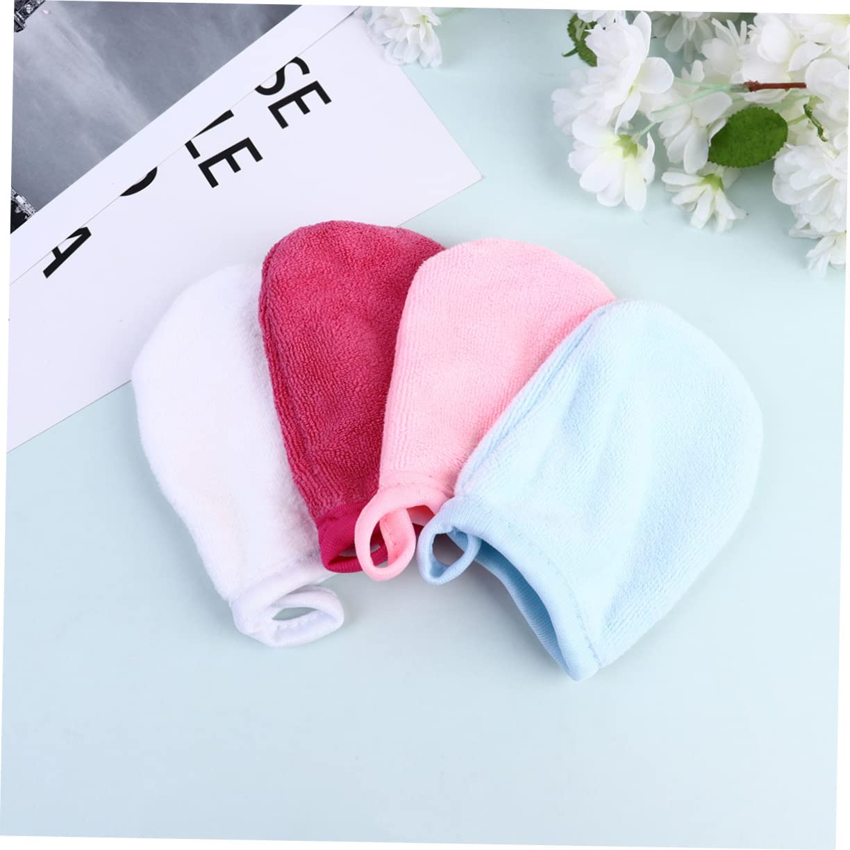POPETPOP 9-Piece Makeup Remover Gloves & Face Wipes Set - Gentle Facial Cleansing, Body Scrub & Makeup Removal - Reusable Wash Cloths & Powder Puff (Pink) - Perfect for Travel, Spa Days & Daily Skincare Routine