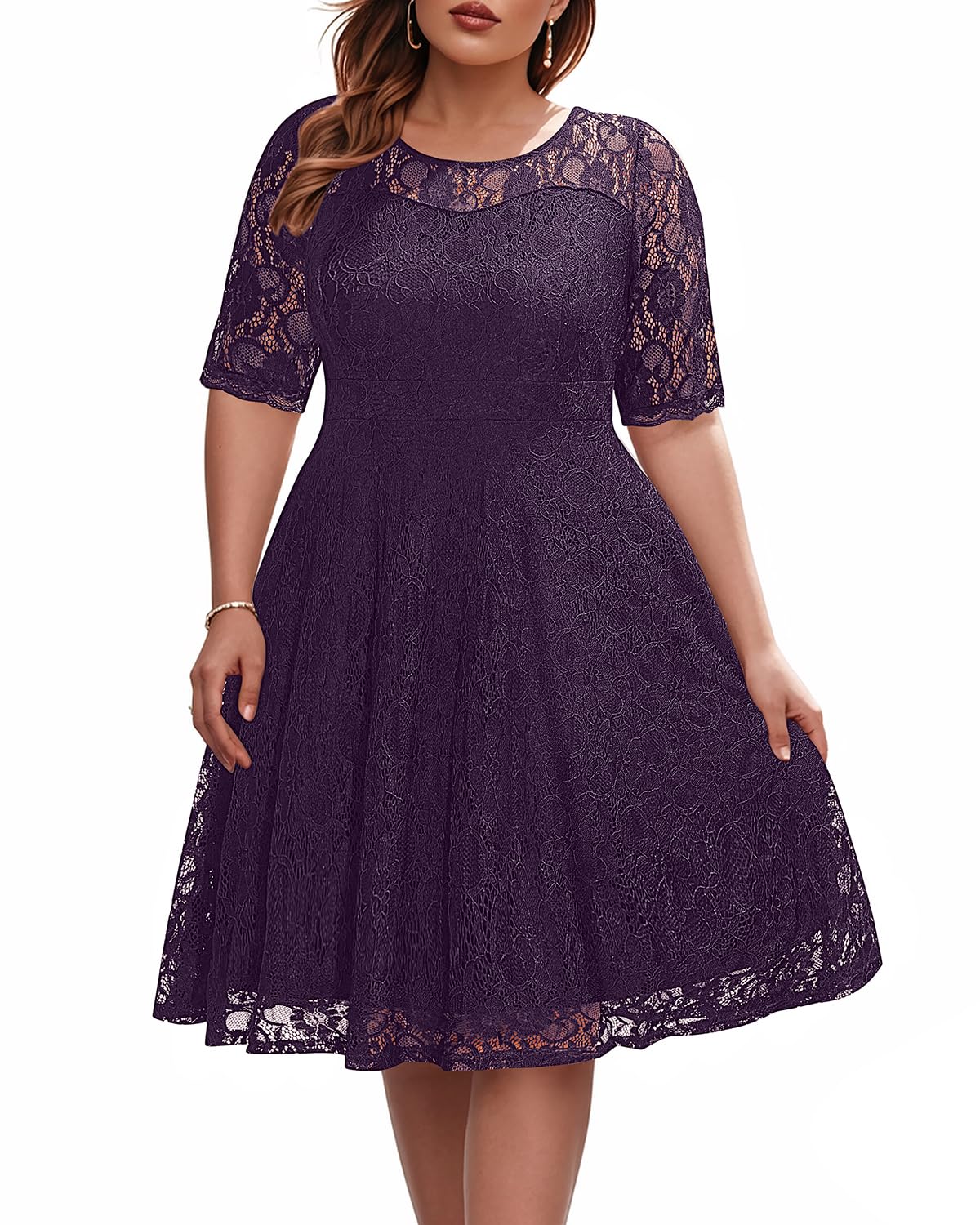 Elegant Plus Size Women's Lace V-Neck Midi Dress for Wedding Guest, Bridal Shower & Cocktail Party | Semi-Formal Occasion Wear | Perfect for Special Events & Evening Gatherings