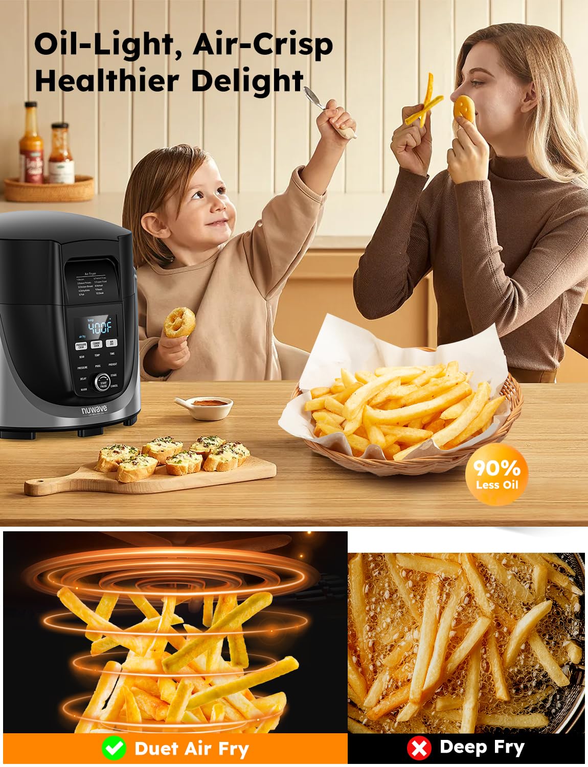 Nuwave Duet Air Fryer & Electric Pressure Cooker Combo - 540-in-1 Multicooker with 2 Removable Lids, Slow Cook, Sear, Sauté Functions - 18/10 Stainless Steel Pot & 9 Deluxe Accessories - Perfect for Healthy Cooking, Meal Prep & Family Dinners