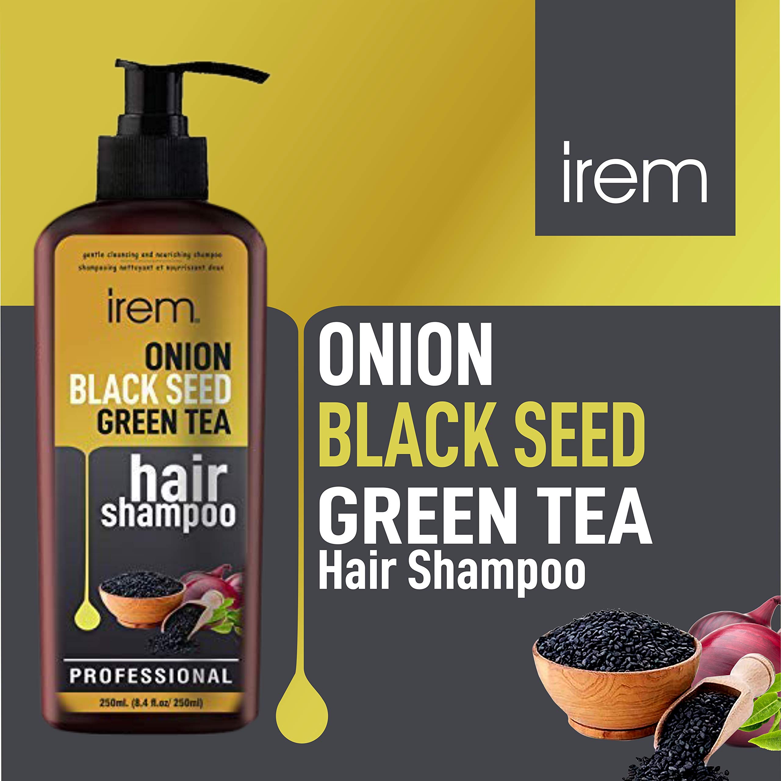 Irem Onion Black Seed & Green Tea Shampoo for Hair Growth & Hair Loss Prevention - 250ml - Revitalizes & Strengthens Hair for Men & Women - Perfect for Daily Use & Damaged Hair Care
