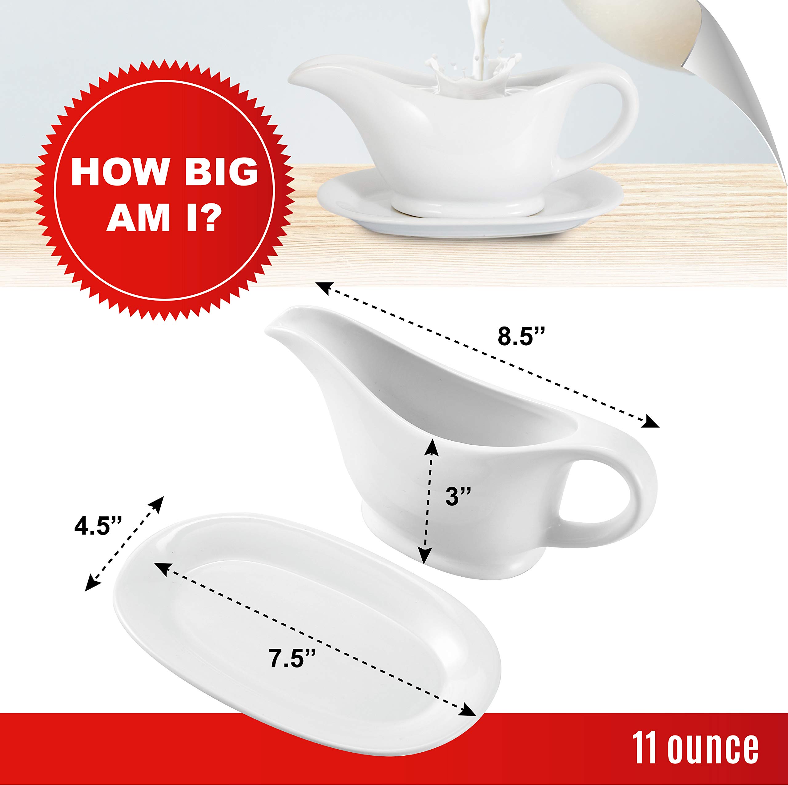 Bruntmor 11 Oz White Ceramic Gravy Boat with Serving Tray - Small Ceramic Sauce Dispenser for Dinner Parties, Holiday Meals & Fine Dining - Perfect for Gravy, Syrup & Dressings