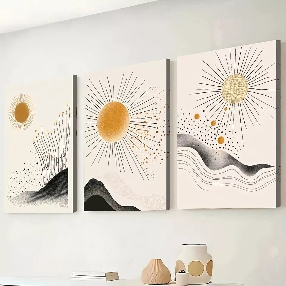 3-Piece Minimalist Sun Mountain Modern Abstract Wall Art Set - Framed Canvas 50x70cm (20x28in) - High Quality Print - Australian Made - Ready to Hang - Perfect for Living Room, Bedroom & Office Decor