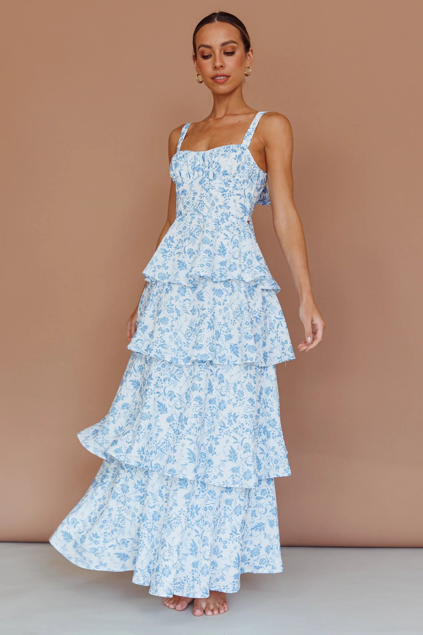 Blue Floral Tiered Maxi Dress with Bow - Elegant Summer Dress for Women | Perfect for Beach, Vacation & Casual Outings