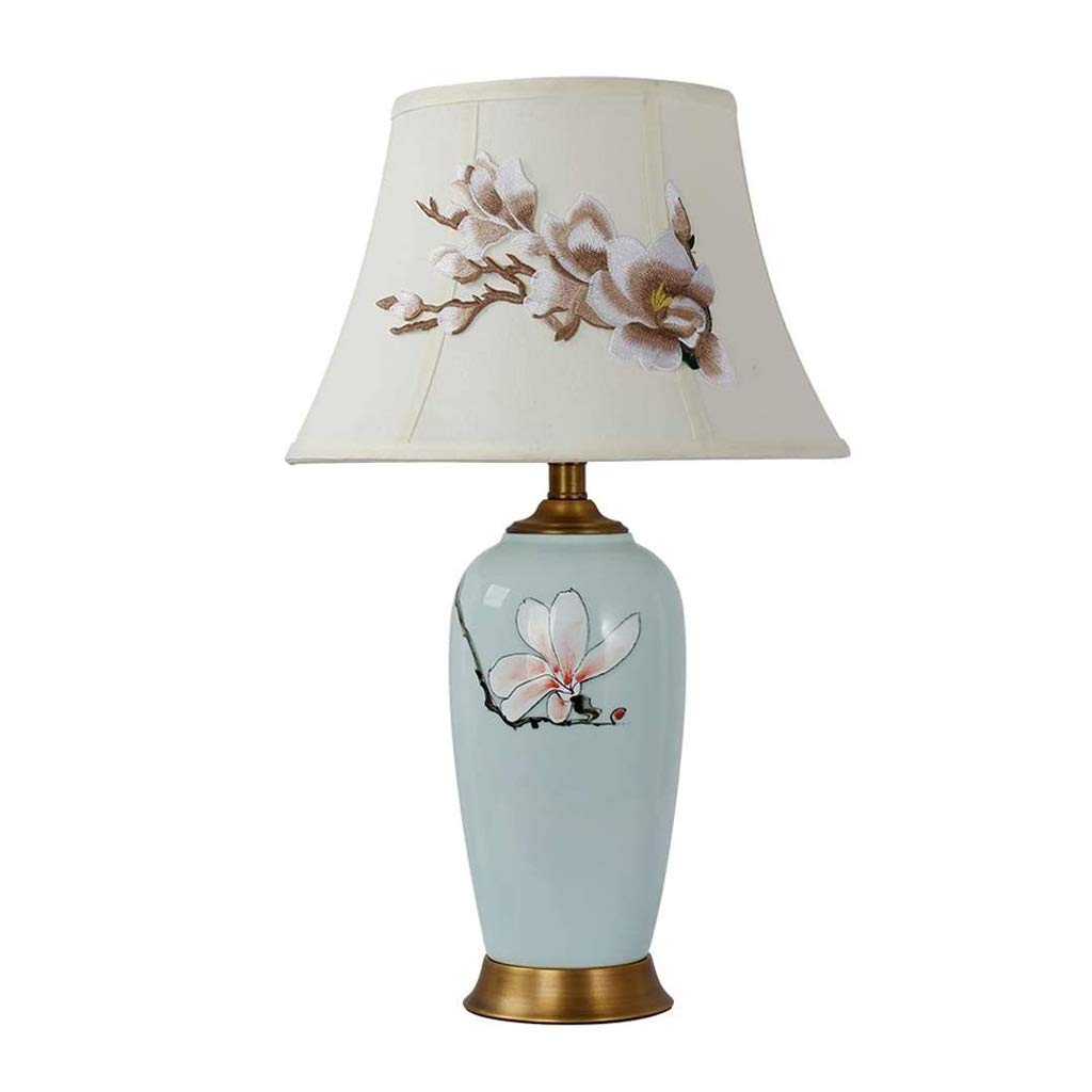 Vintage Ceramic Table Lamp with Linen Shade - BytheM Retro Bedside Lamp for Bedroom, Living Room & Office Decor