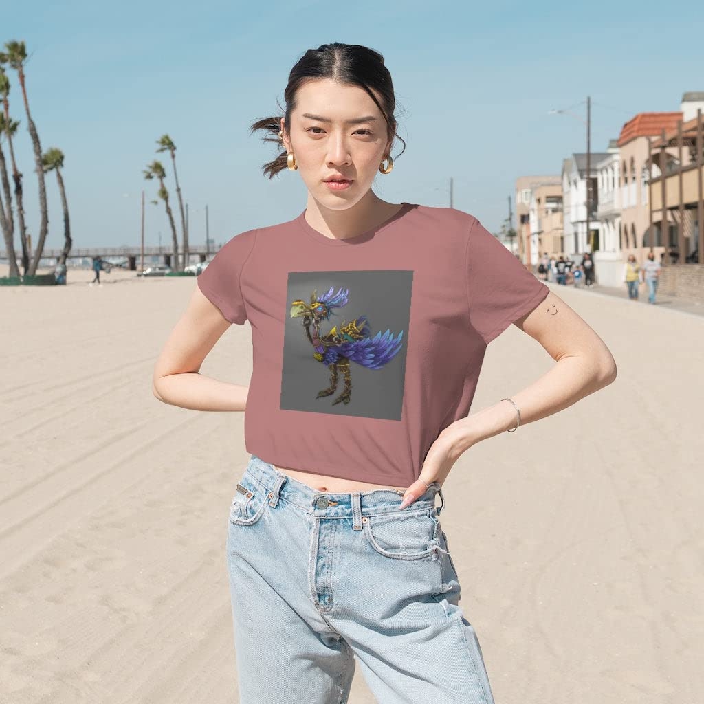 Women's Flowy Cropped T-Shirt - Squawkers The Ostrich Print - XL Size - Heather Navy Color - Casual Summer Top for Beach, Music Festivals & Streetwear