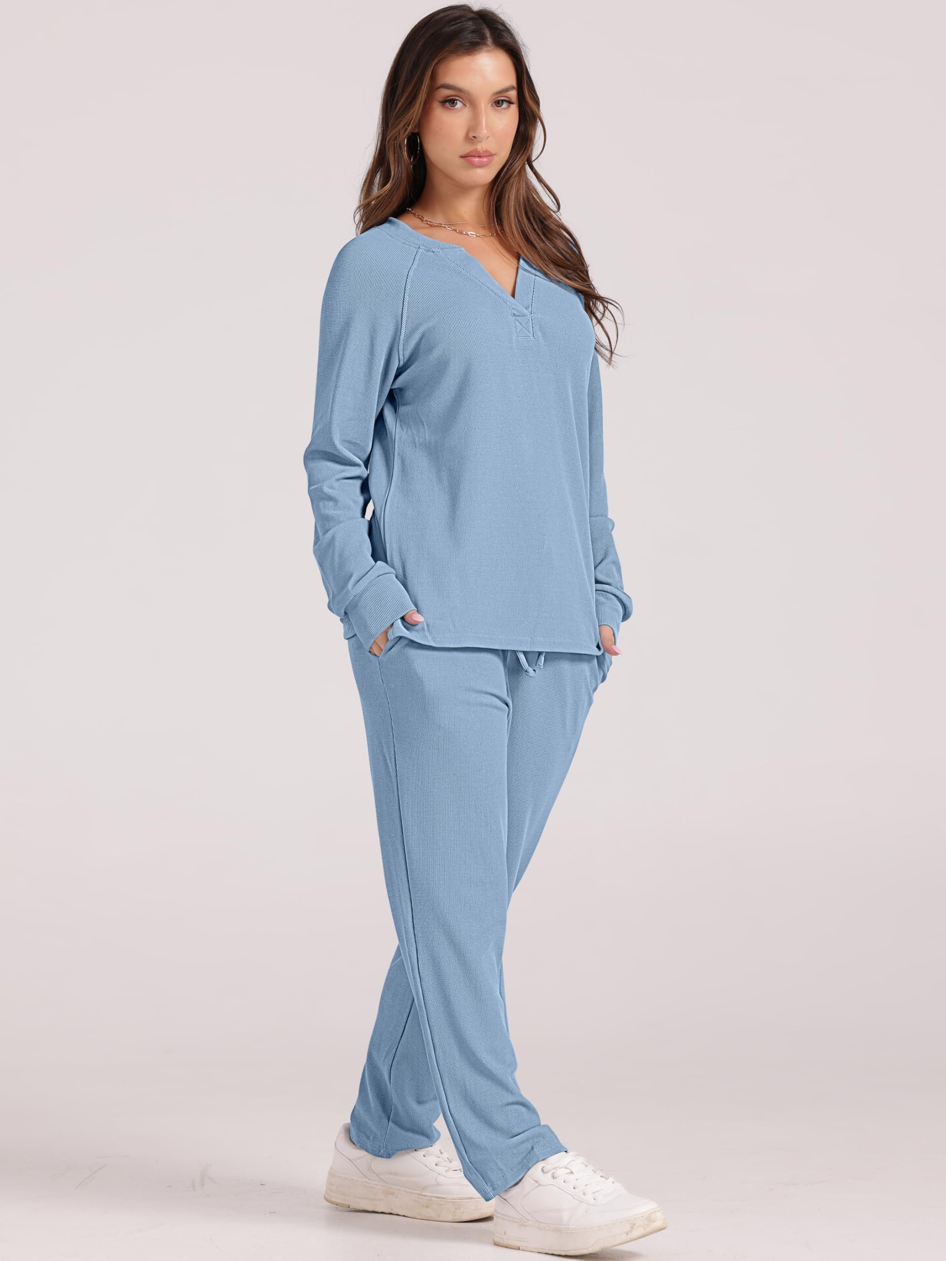 Women's Waffle Knit Pajama Set - Long Sleeve Sleepwear & Pants Soft Lounge PJS with Pockets | Cozy Winter Nightwear for Home Relaxation & Sleep
