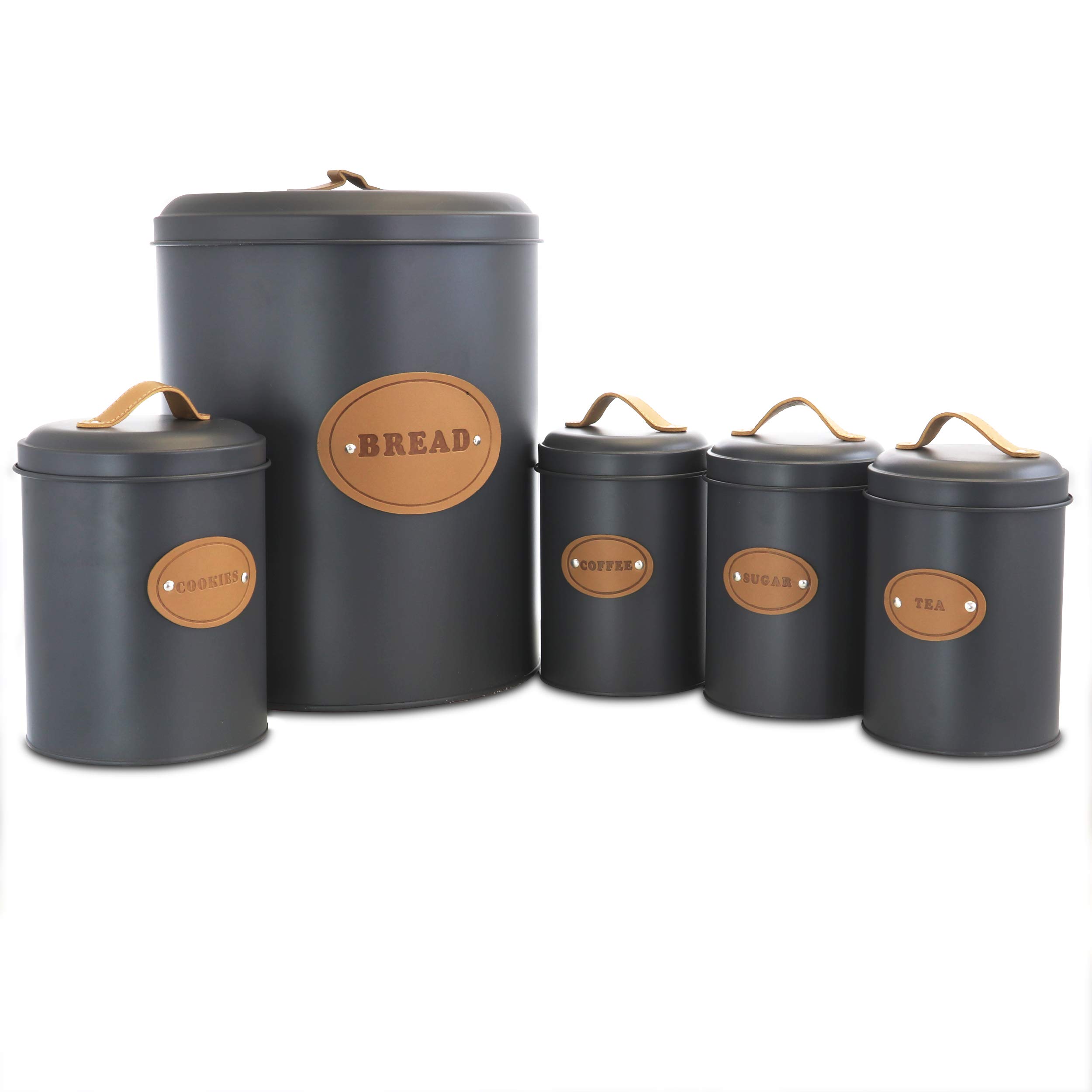 MegaChef 5-Piece Grey Kitchen Canister Set - Airtight Food Storage Containers for Flour, Sugar, Coffee & Baking Essentials | Perfect for Pantry Organization & Countertop Display