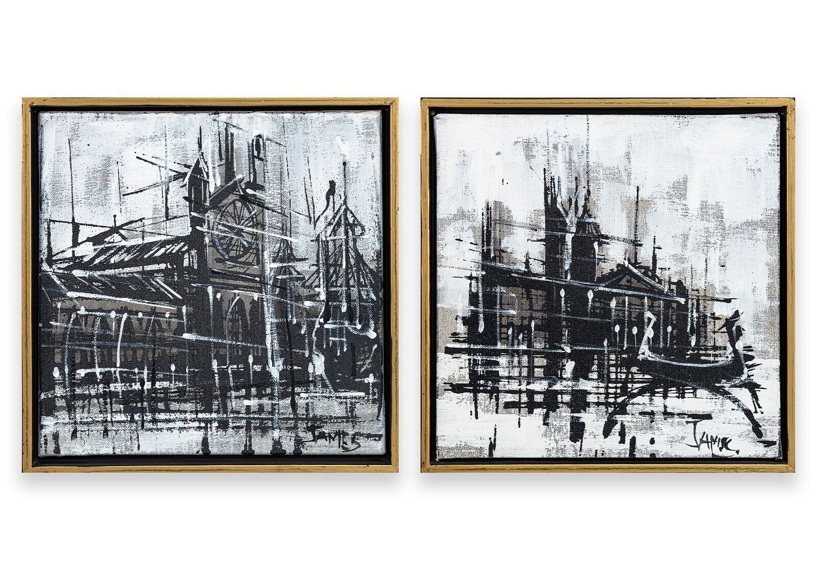 Vintage Brutalist Modern Paris & Venice Scenic Acrylic Paintings on Canvas - 1970s Wall Art for Living Room, Bedroom & Office Decor