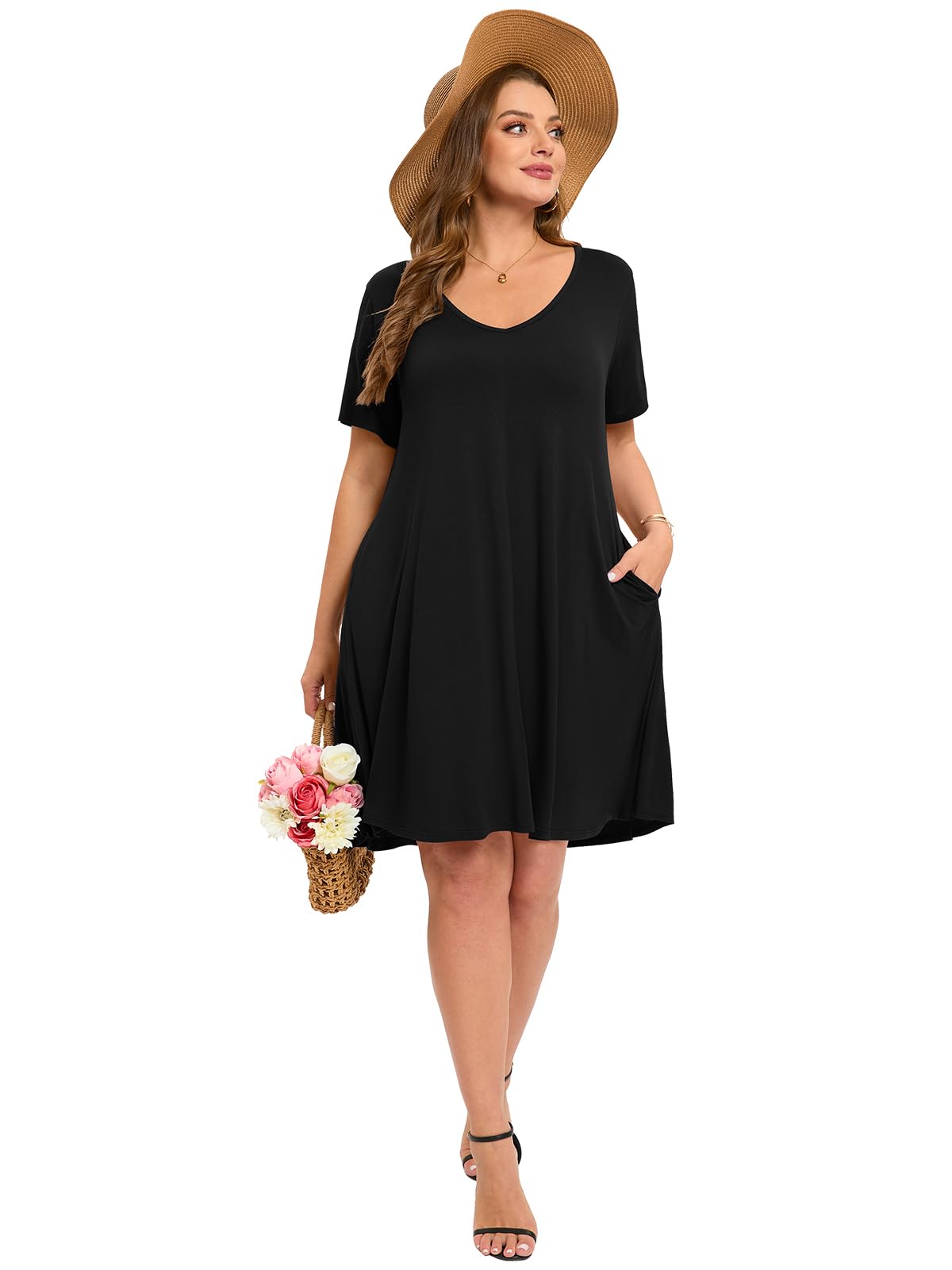 ZENNILO Women's Plus Size Swing Dress with Pockets - Casual Summer V-Neck Short Sleeve T-Shirt Dress for Women | Perfect for Beach, Vacation & Everyday Wear