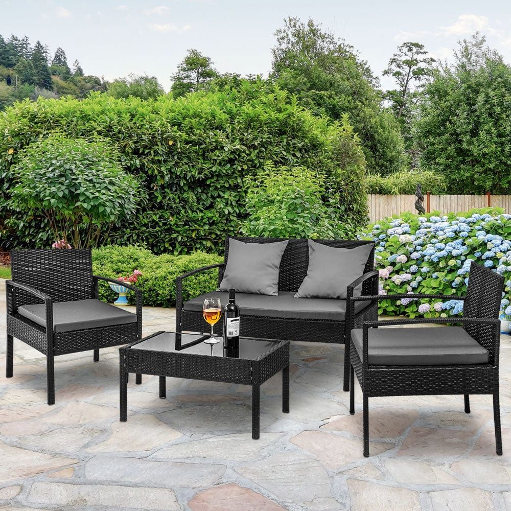 4-Seater Outdoor Wicker Sofa Set with Table and Cushions - Patio Garden Furniture for Lounge, Bistro & Backyard Relaxation - Black Rattan Furniture