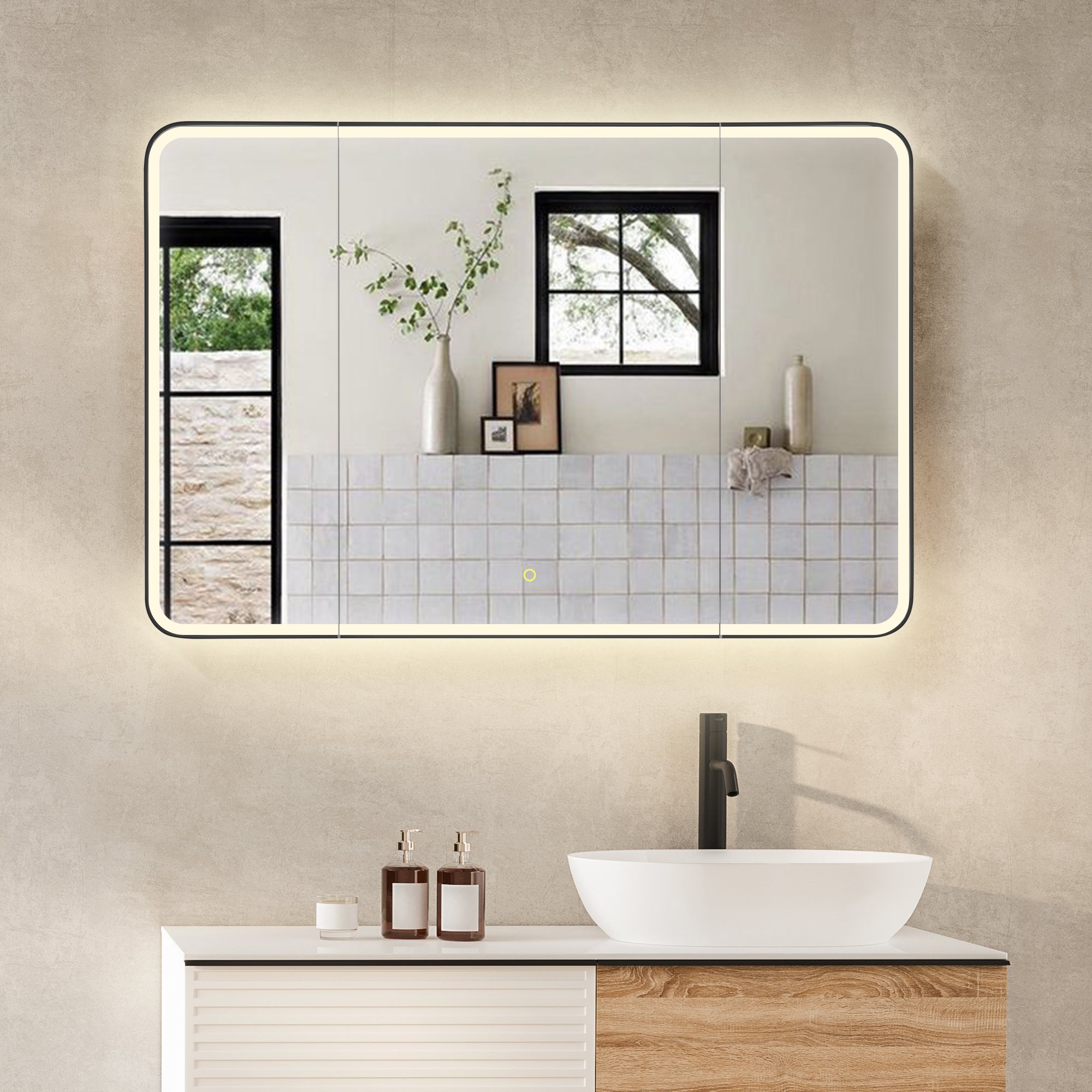 Black Aluminum LED Bathroom Mirror Medicine Cabinet - Surface Mount/Recessed, Dimmable Lighting, Rust-Resistant for Modern Bathroom & Vanity Decor