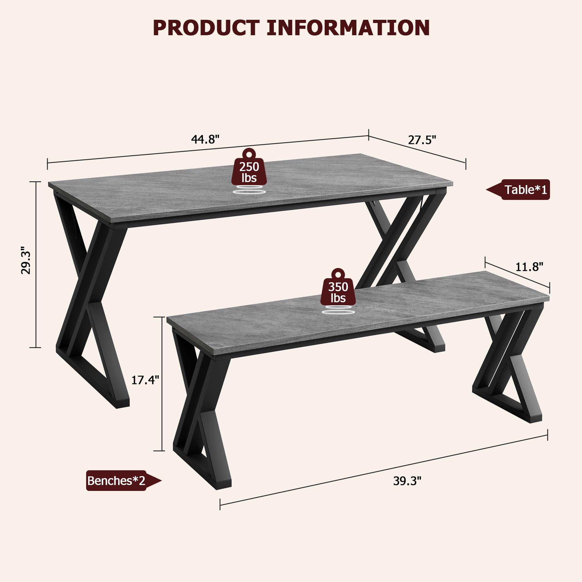 GAOMON 4-Piece Dining Table Set with 2 Benches, Modern Rectangular Kitchen Table with Sturdy Metal Frame, Space-Saving Design for Small Apartments - Perfect for Family Meals, Breakfast Nook & Compact Dining Areas (Grey)