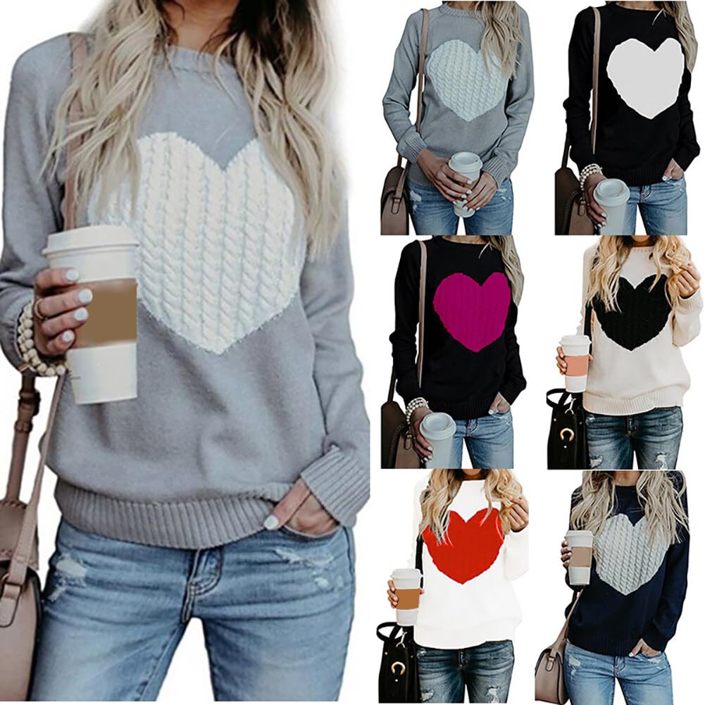 Women's Knitted Heart Design Long Sleeve Pullover Sweater - Soft Stretchy Winter Knit Top Shirt - Navy Blue, Large - Perfect for Casual Wear, Date Nights & Holiday Outfits