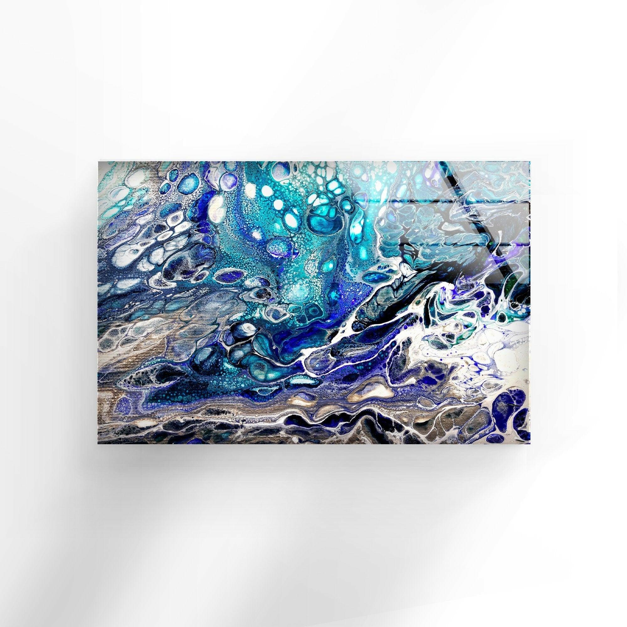 Turquoise Blue Alcohol Ink Glass Wall Art - Handmade Modern Abstract Home Decor for Living Room, Bedroom, Office