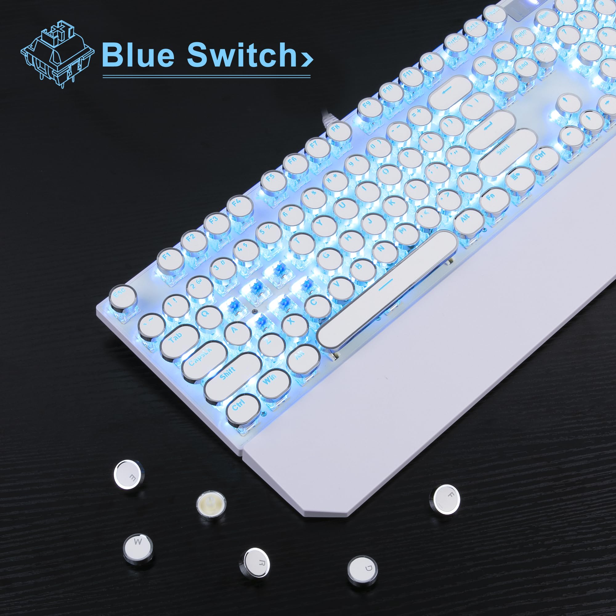 Mechanical Gaming Keyboard with Blue Switch - Retro Ice Blue Backlit for PC, Mac, PS5 Gaming (White)