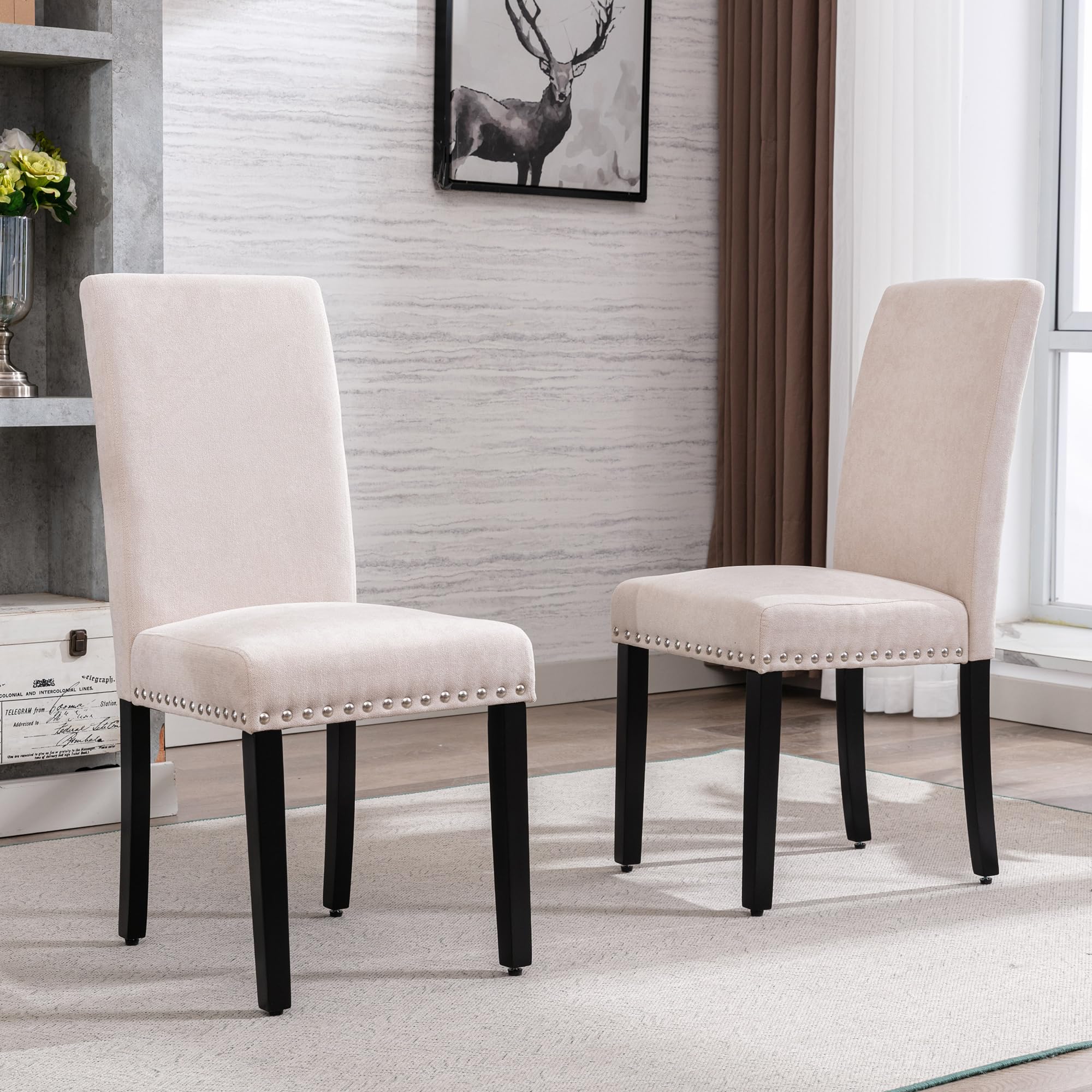 GOTMINSI 4-Piece Upholstered Dining Chair Set - Beige Padded Parson Kitchen Chairs with Silver Nail Accents & Solid Wood Legs for Dining Room, Kitchen, Breakfast Nook, and Home Decor