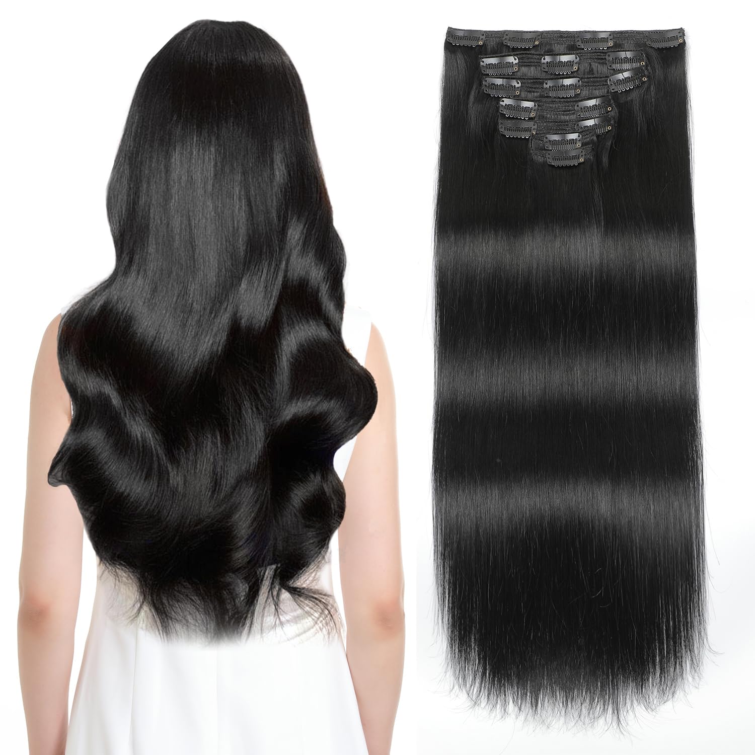 24 Inch 180g 7pcs Sisily Clip-in Human Hair Extensions - Jet Black Straight Double Weft Real Human Hair for Volume & Length - Perfect for Parties, Weddings & Daily Styling