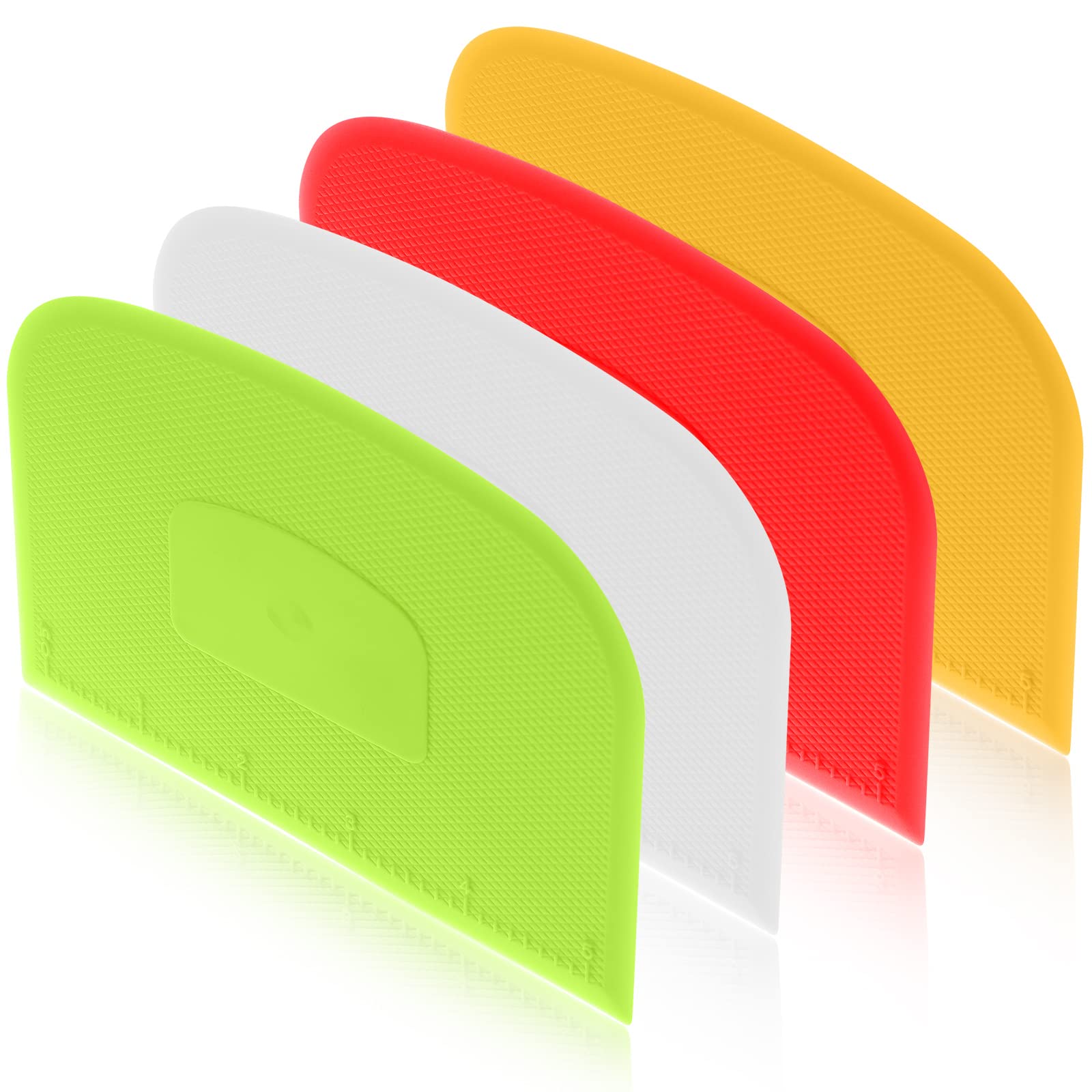 4-Piece Flexible Plastic Dough Scraper Set - Multi-Purpose Bowl Scraper & Food Cutter for Baking Bread, Cakes, Fondant Icing (White, Green, Yellow, Red) - Perfect for Home Bakers & Professional Kitchens