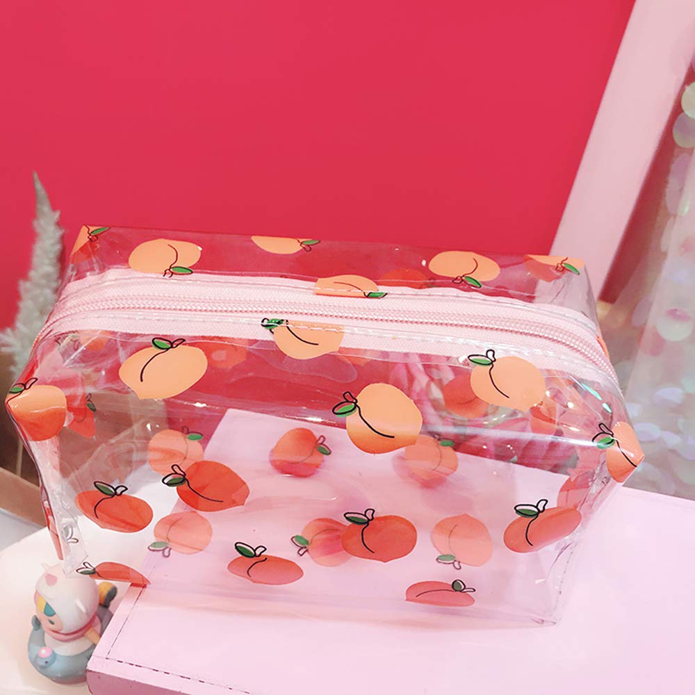 Crystal Clear Cosmetic Bags for Women - Waterproof Travel Toiletry & Makeup Organizer with Portable Brush Storage - Cute Cartoon Design (Peaches) - Perfect for Travel, Gym, and Daily Beauty Routine