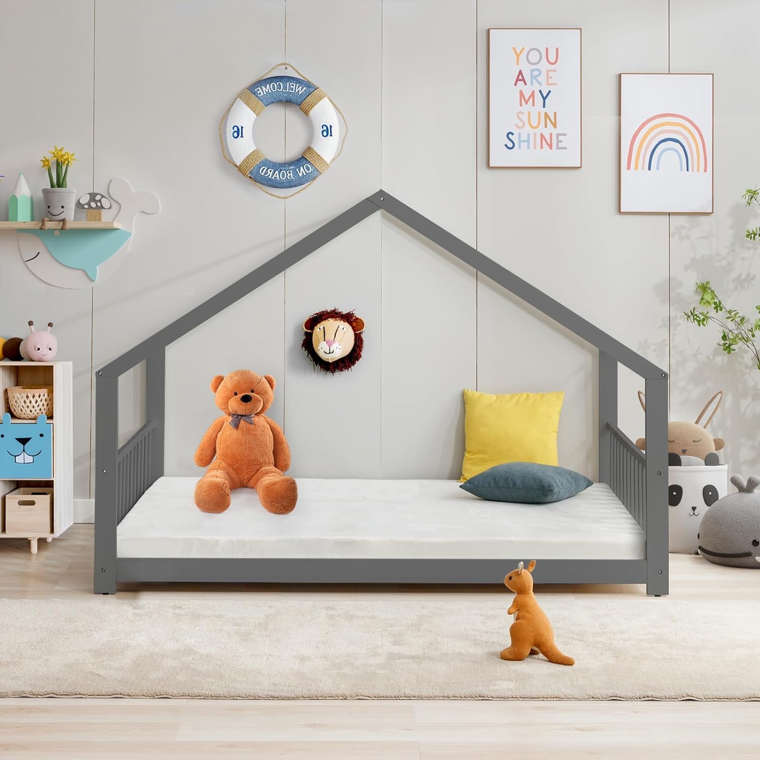 Montessori Floor Bed Full Twin Size - Solid Wood House Bed with Headboard & Footboard, No Box Spring Needed, Playhouse Toddler Bed Frame for Boys & Girls (Grey) - Perfect for Montessori Rooms, Kids Bedrooms & Play Areas