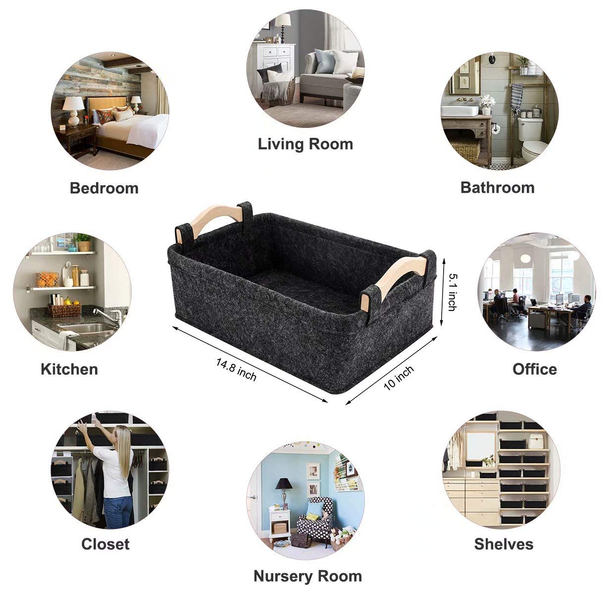 Gray Fabric Storage Baskets for Shelves - Small Narrow Organizer Bin for Living Room, Kitchen, Bathroom, Playroom & Dorm | Decorative Home Organization Solution for Clutter-Free Spaces