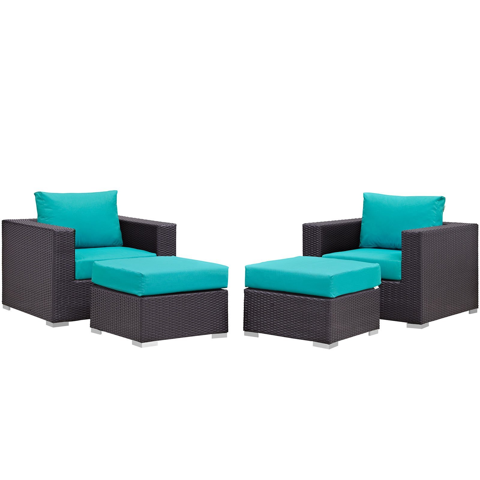 Modway Convene 4-Piece Outdoor Patio Furniture Set - Wicker Rattan Sofa & Chairs in Espresso & Turquoise - Perfect for Backyard, Garden, Poolside & Patio Relaxation