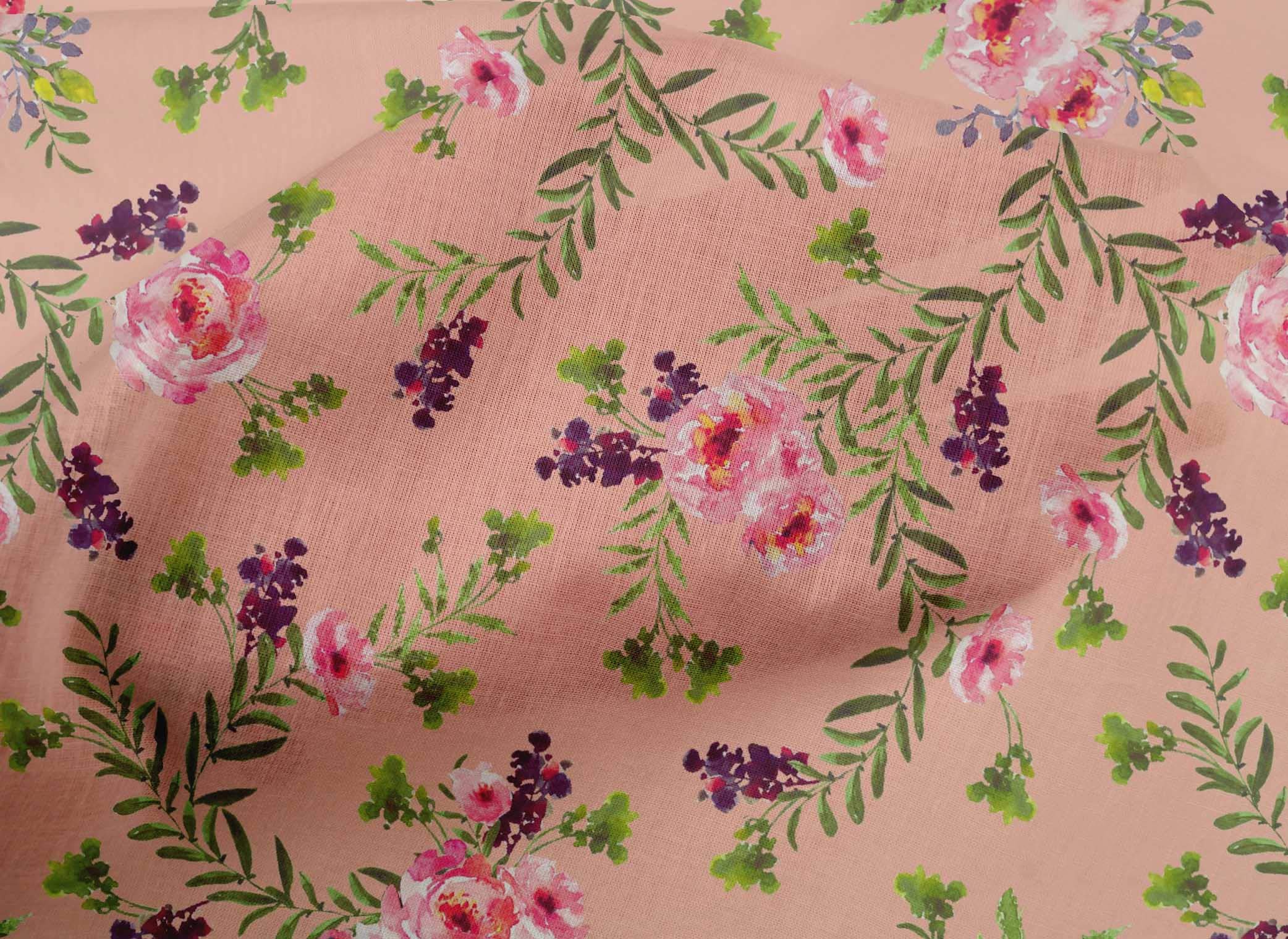 oneOone Cotton Poplin Fabric - Watercolor Leaves & Peony Floral Print Fabric by The Yard (56