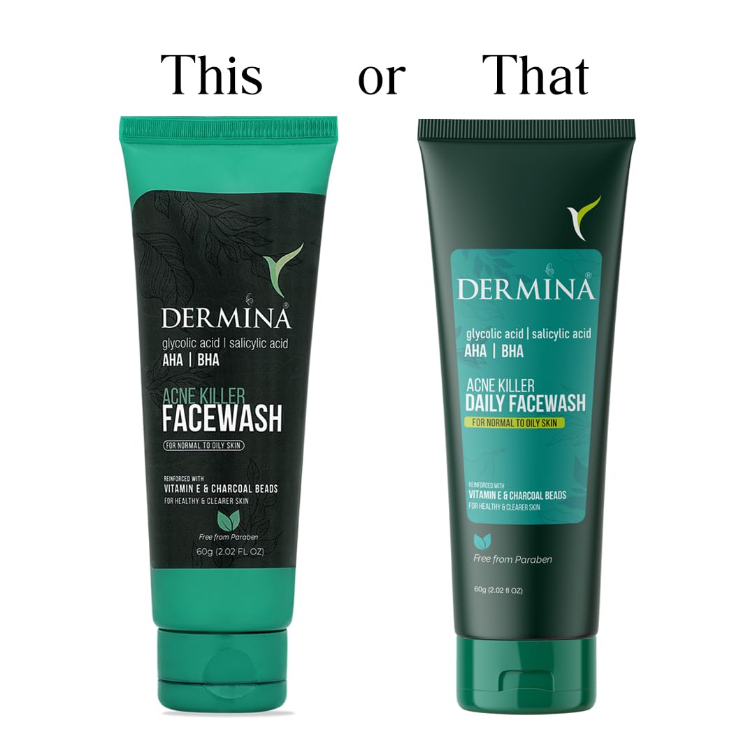 DERMINA Acne Killer Face Wash with Glycolic Acid, AHA, BHA, Vitamin E & Charcoal Beads - Deep Cleansing for Acne & Pimple Free Skin | Normal to Oily Skin Care for Women & Men | 60g | Perfect for Daily Skincare Routine & Travel