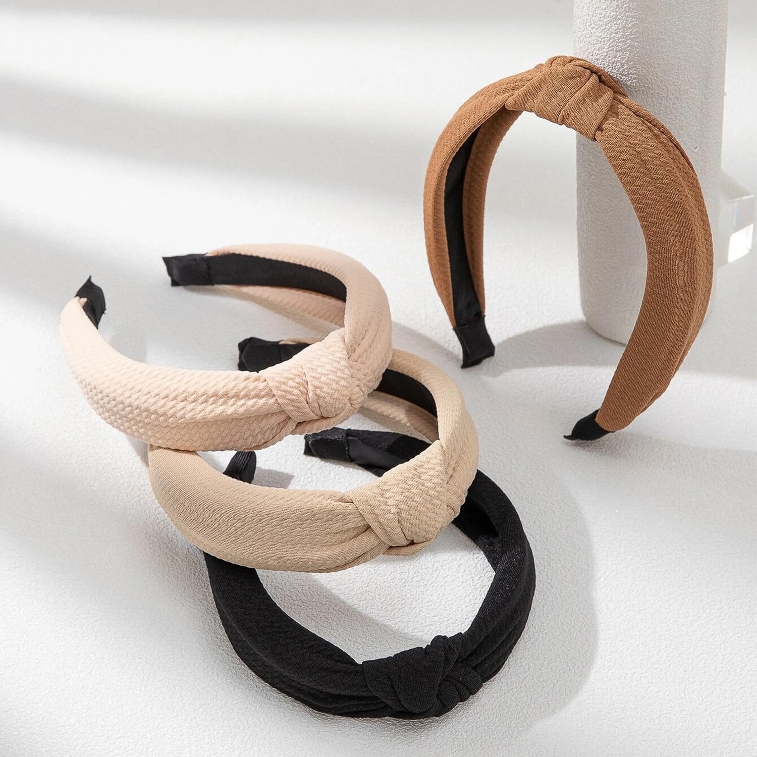 WOVOWOVO 4-Pack Knotted Headbands for Women - Non-Slip Wide Boho Hairbands in Black, Khaki & Brown - Perfect for Yoga, Workouts & Fashion Accessories