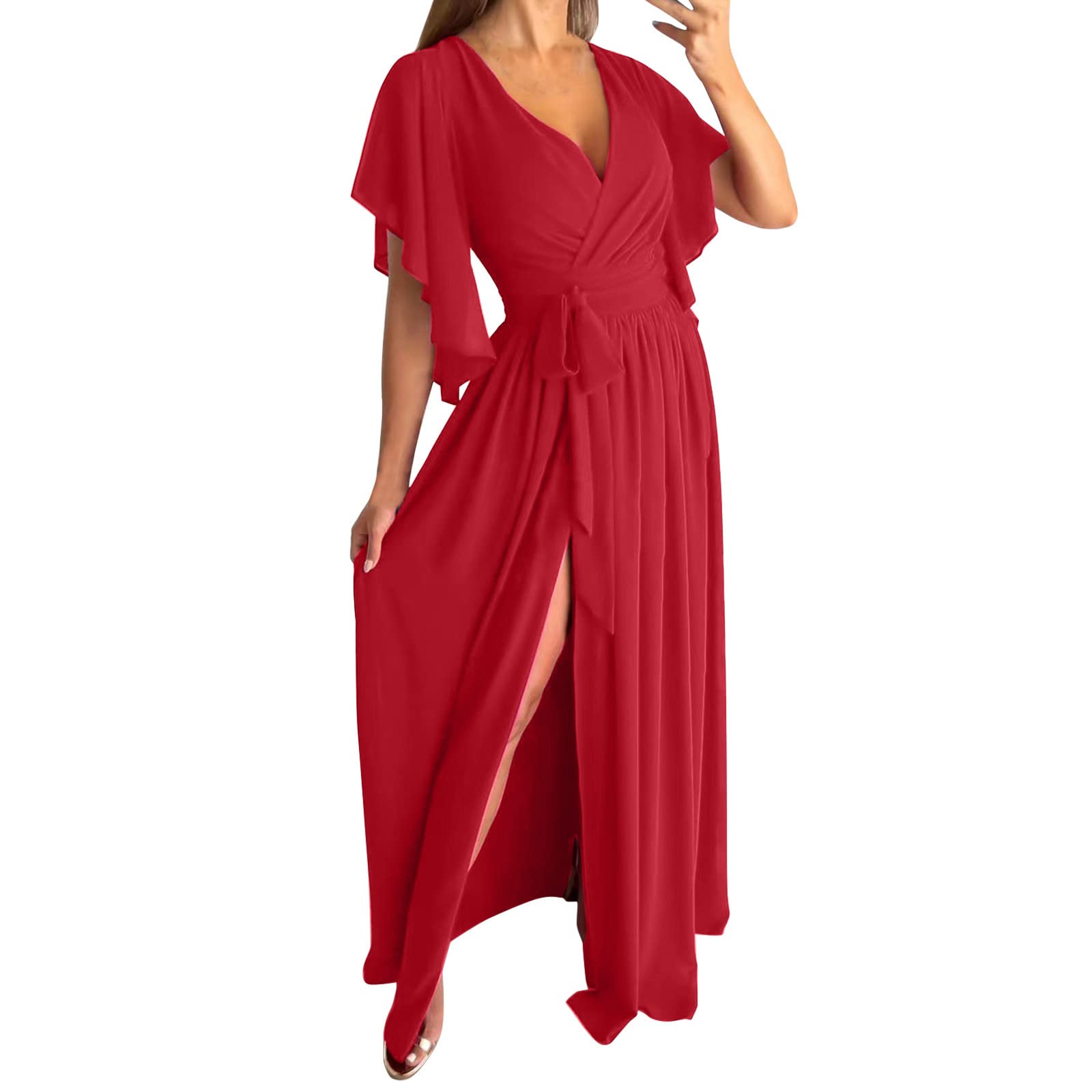 IFOTIME Women's Deep V-Neck Ruffle Sleeve Cocktail Party Dress with Tie Waist & High Slit - Elegant Formal Maxi Gown for Wedding Guest, Evening Events & Special Occasions